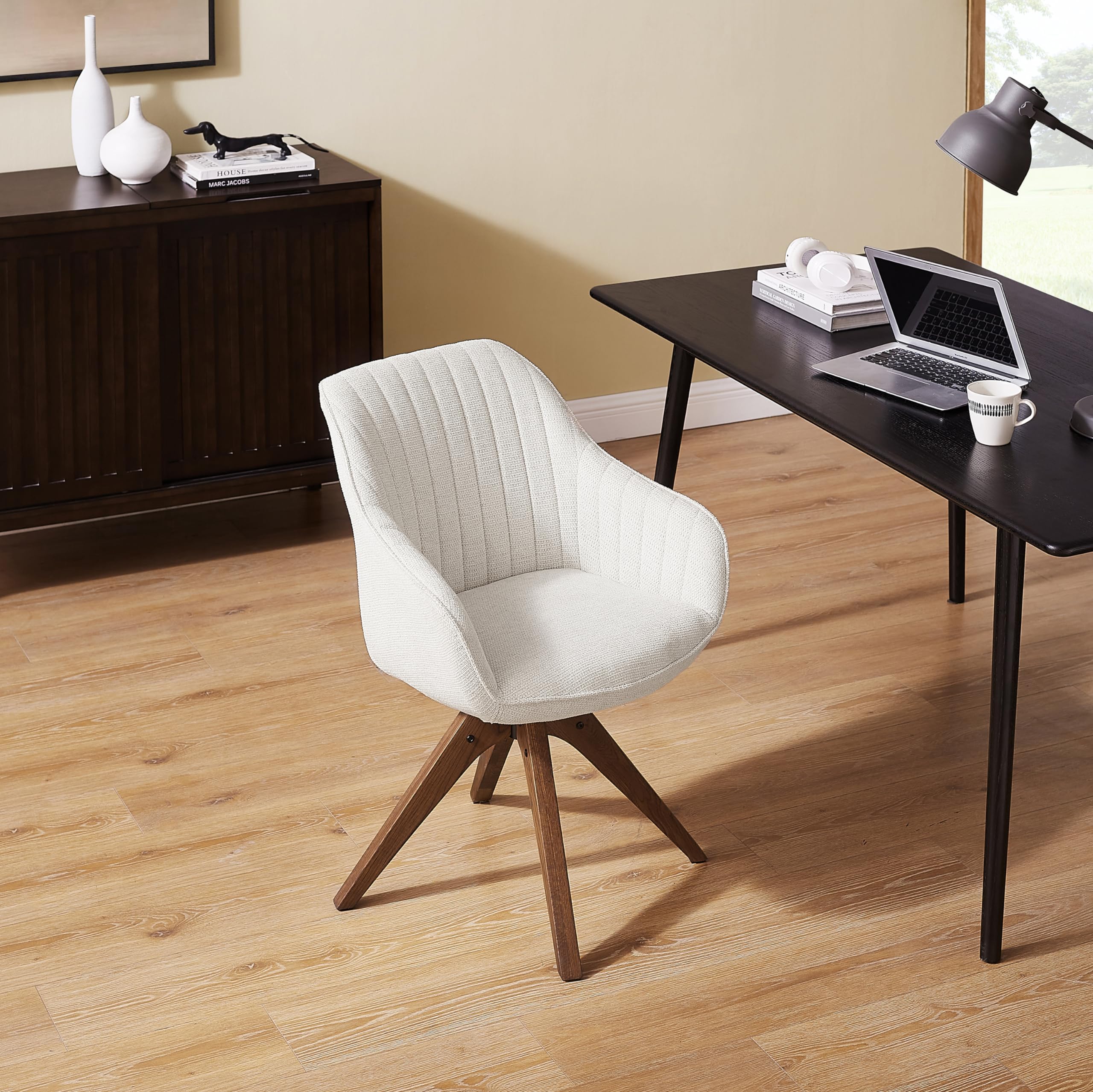 Art Leon Mid Century Modern Office Chair - No Wheels, Swivel Accent Chair with Oak Wood Legs & Fabric Upholstery in Ivory | Perfect for Home Office, Study Room & Reading Nook