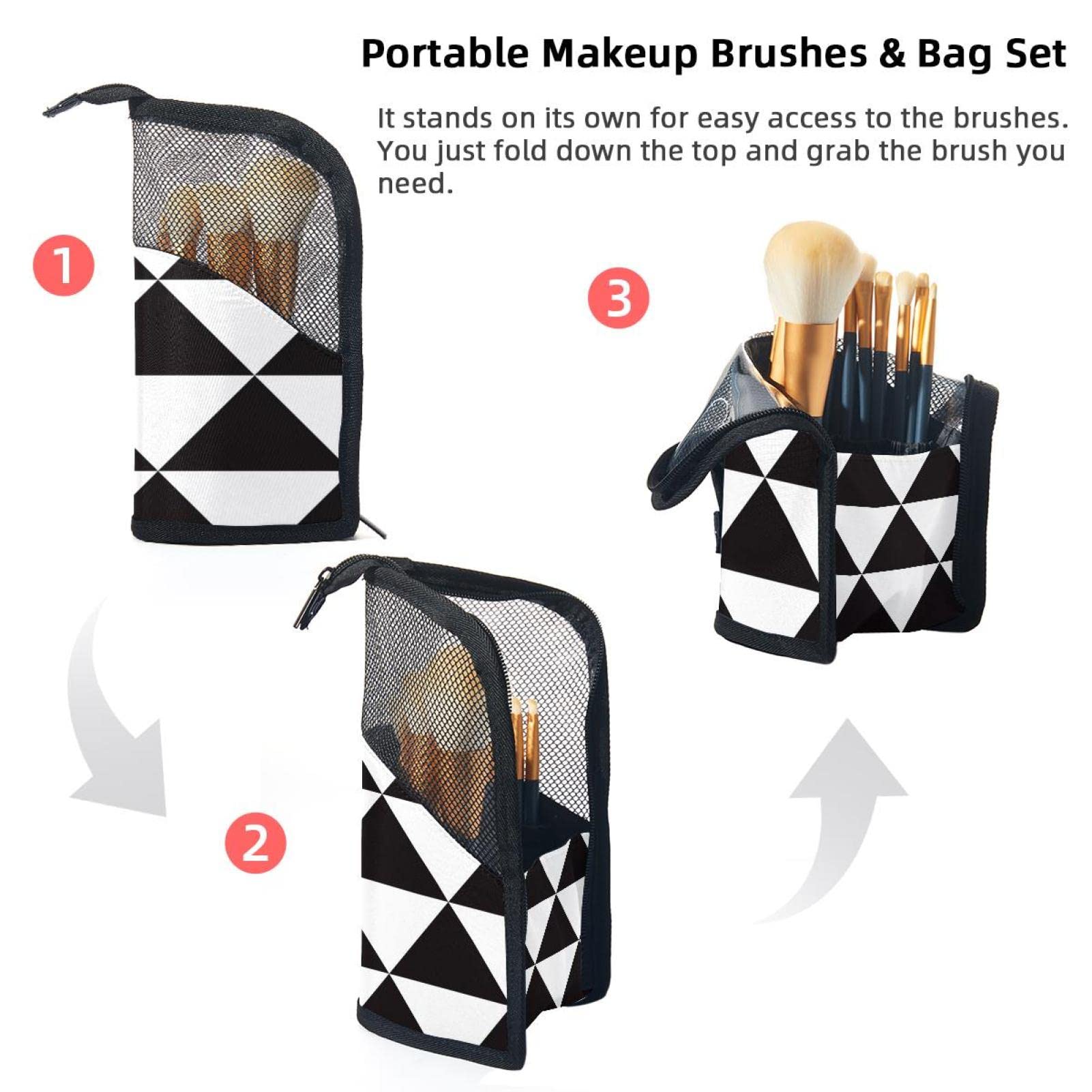 12-Piece Makeup Brush Organizer Bag with Portable Holder Case - Black & White Triangle Design for Travel & Home Storage
