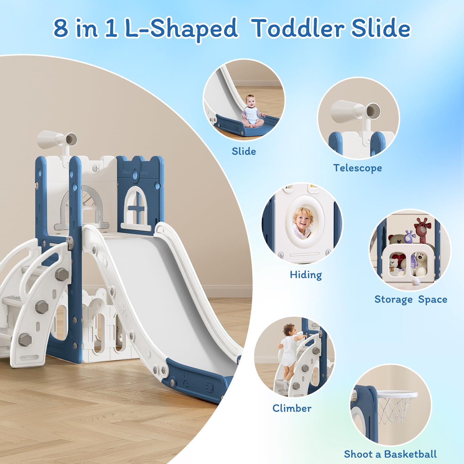 MOCUTEEN 6-in-1 Toddler Slide & Playset - Indoor/Outdoor Baby Playground with Basketball Hoop, Storage Bin & Telescope - Climbing Toys for Kids Ages 1-3 - Perfect for Backyard, Park & Daycare Play Areas
