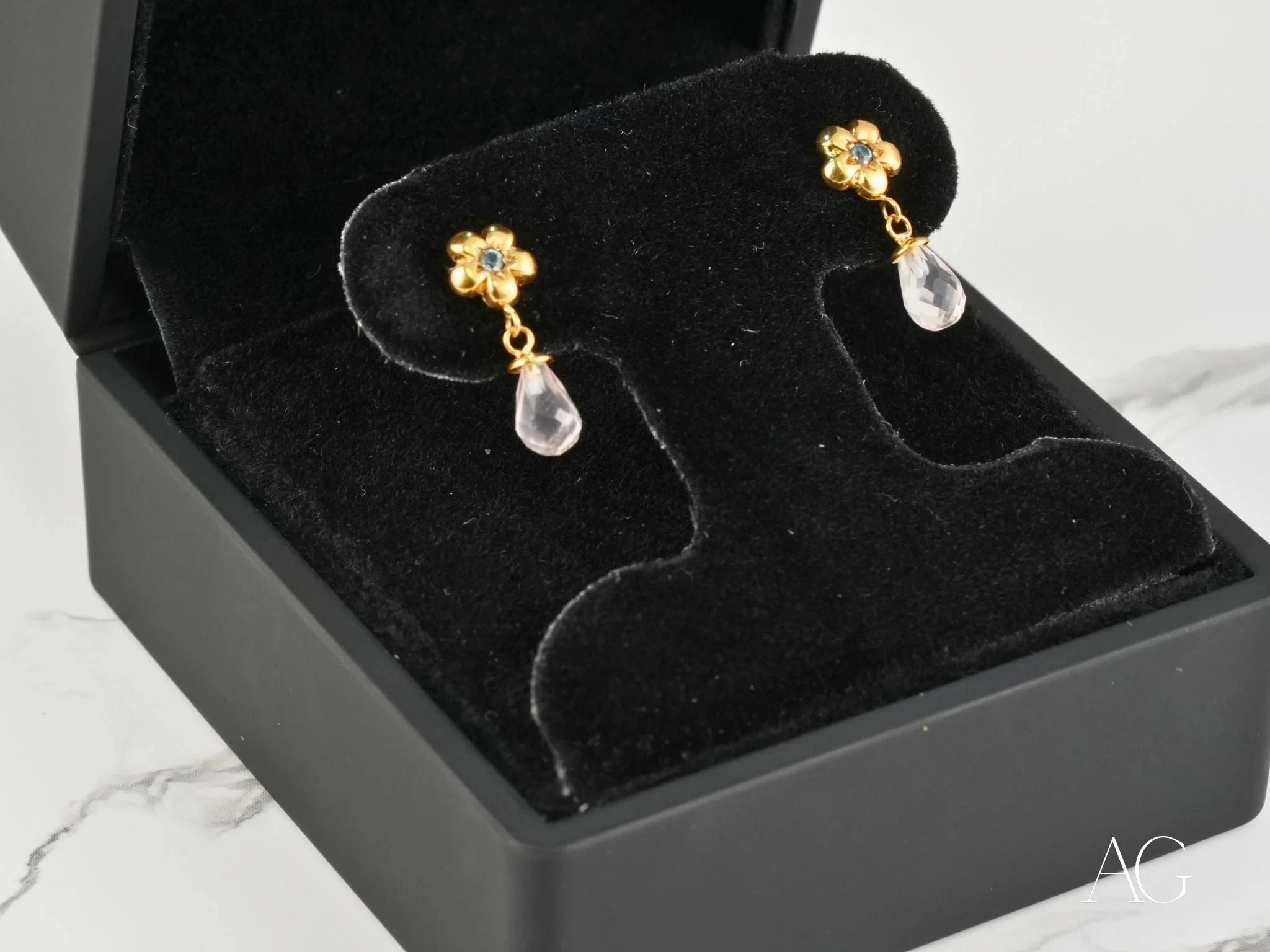 18K Gold Flower CZ & Crystal Drop Earrings - Elegant Petal Drops for Women | Perfect for Weddings, Parties & Special Occasions