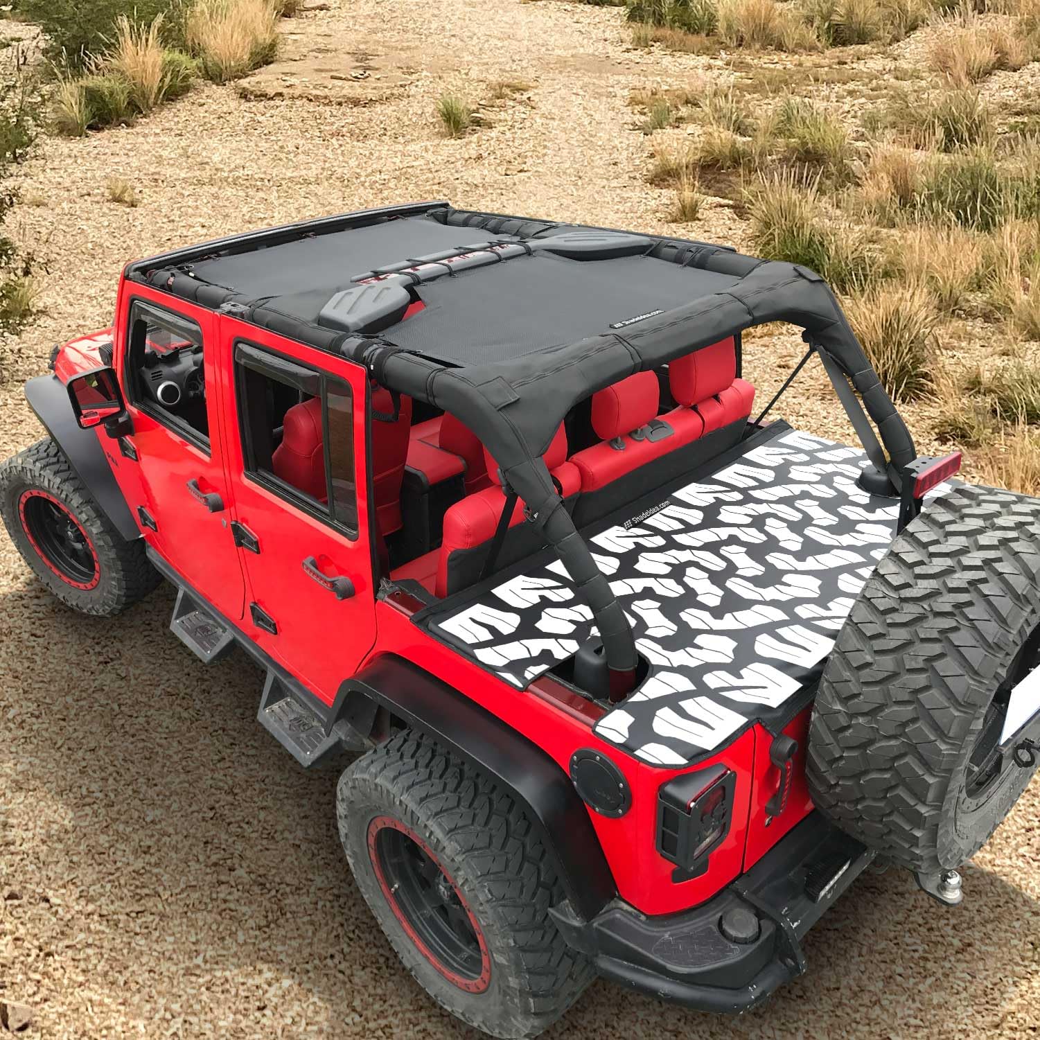 Shadeidea JK Cargo Cover for Jeep Wrangler JKU (2007-2018) 4-Door - Black Tonneau Cover with White Vinyl Offroad Tread Tailgate - Durable 3-Year Protection | Perfect for Offroading, Camping & Outdoor Adventures