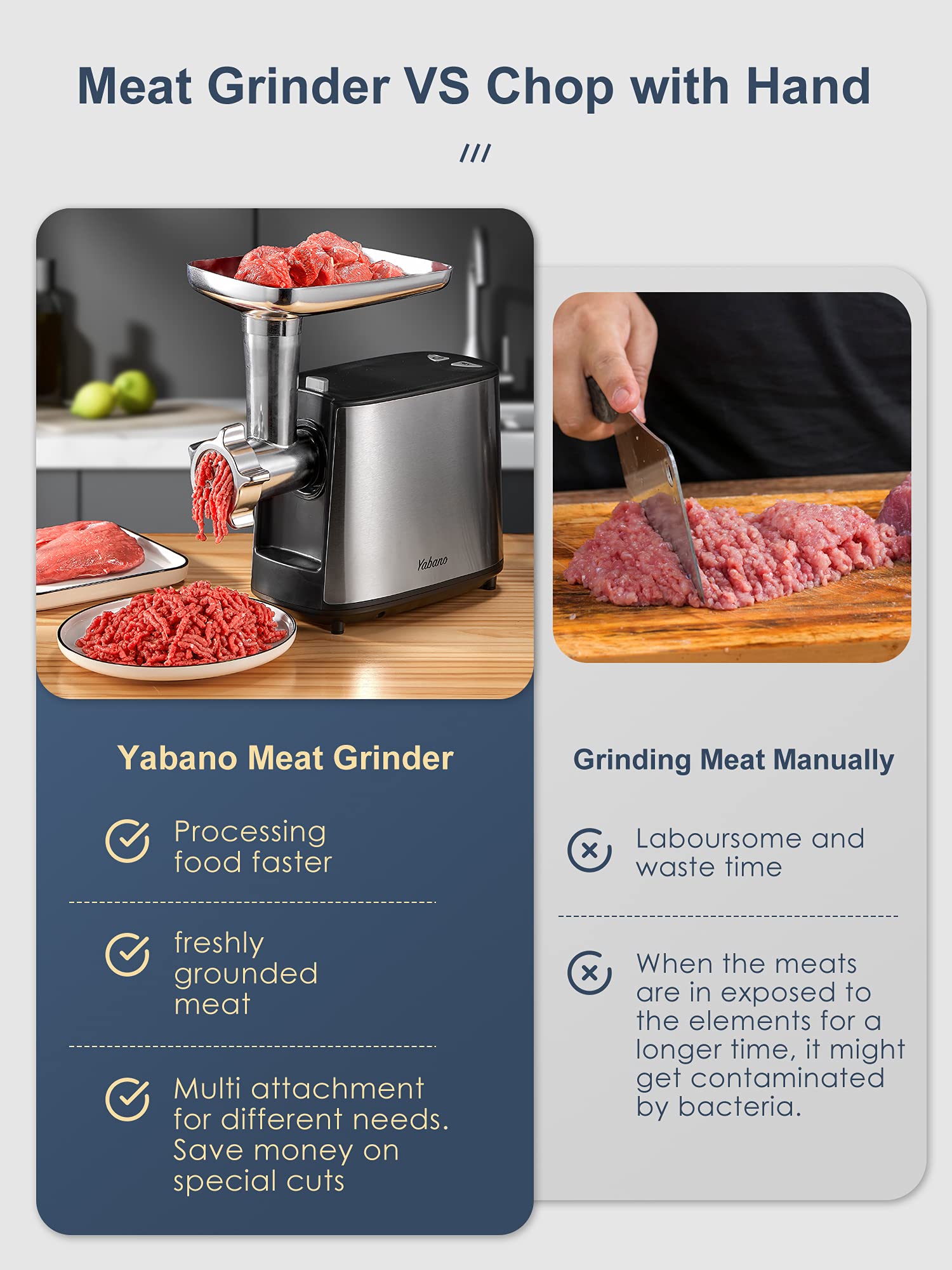 Yabano 3000W Max Heavy Duty Electric Meat Grinder with Sausage Stuffer & Kubbe Kit - 2 Stainless Steel Plates for Home Kitchen & Commercial Use (Silver & Black) | Perfect for Grinding Beef, Pork, Making Sausages & Homemade Pet Food