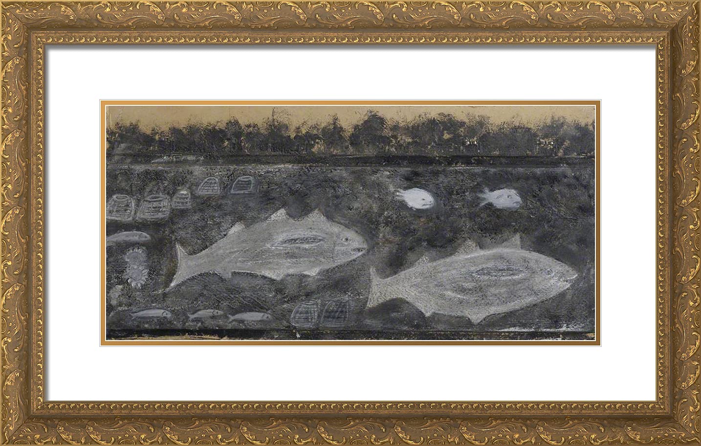 Alfred Wallis 'Fishes and Lobster Pots' 24x16 Gold Ornate Framed Art Print with Double Matting - Vintage Nautical Wall Decor for Living Room, Office & Coastal Home Décor