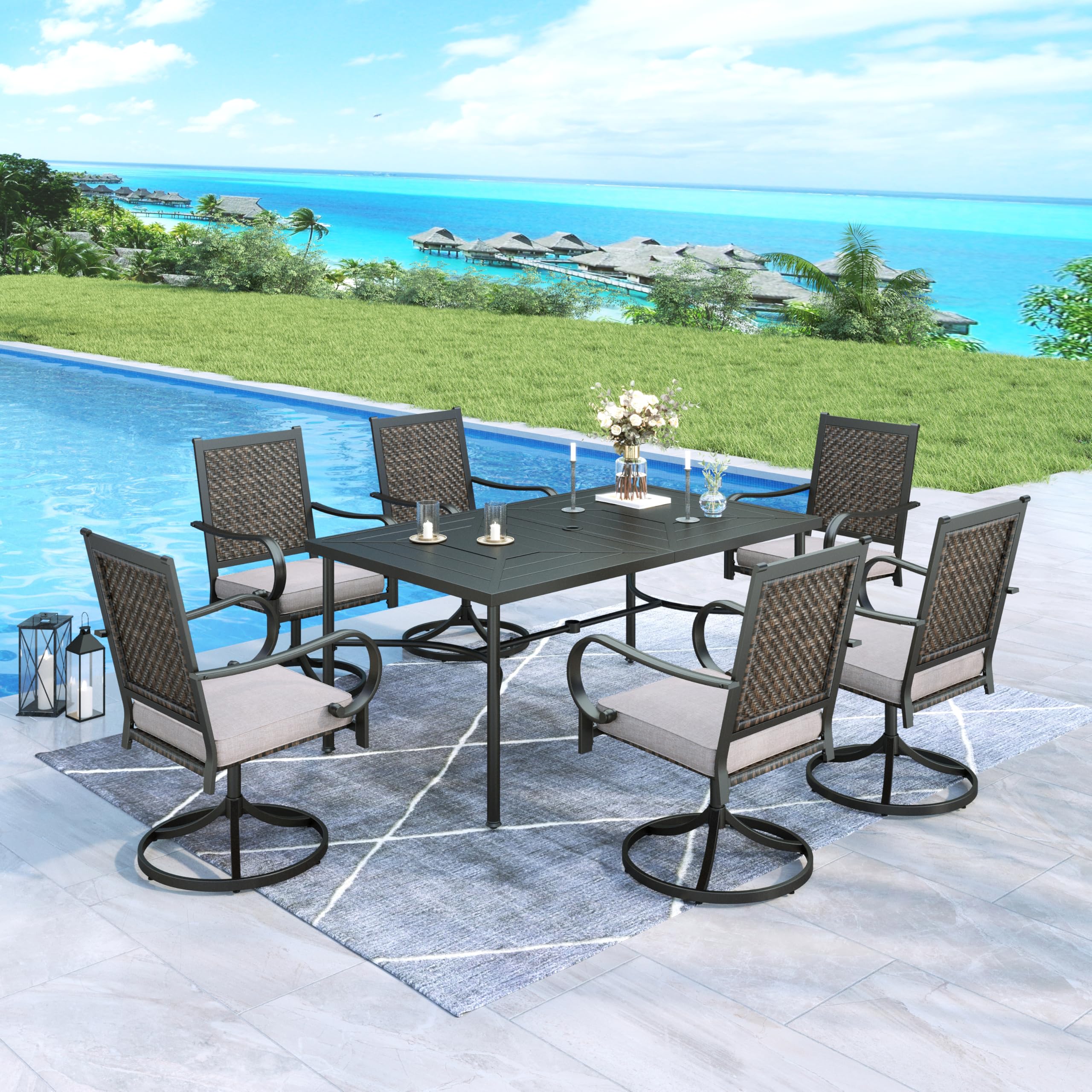 MFSTUDIO 7-Piece Outdoor Patio Dining Set - Rectangular Metal Table with 6 Rattan Swivel Chairs & 1.75