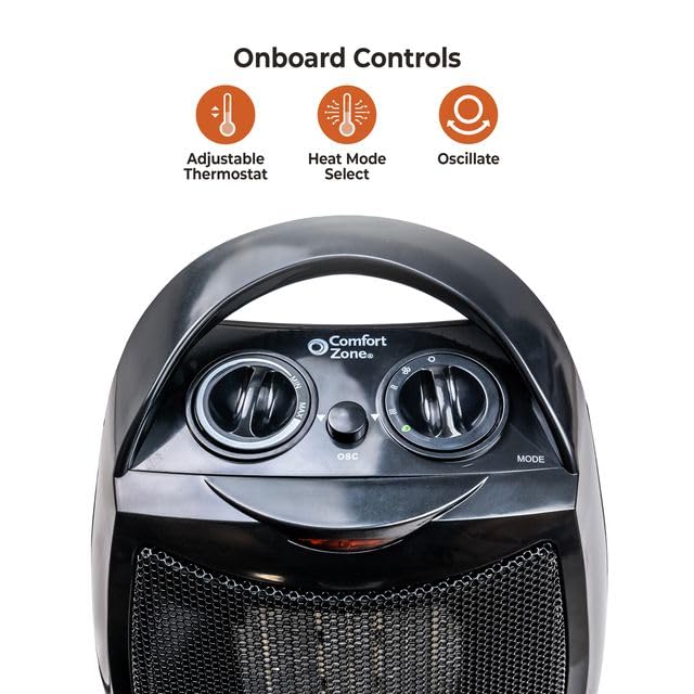 Comfort Zone Portable Ceramic Space Heater - 1500W Fast Heating, 70° Oscillation, Thermostat Control | Quiet Fan Forced Heater for Bedroom, Office & Small Rooms up to 200 Sq.Ft | Indoor Use for Winter, Home & Office Warming (Black)