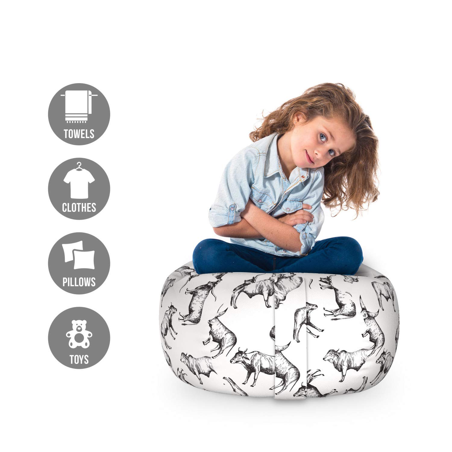 Ambesonne Animal Print Storage Toy Bag Chair - Monochrome Sketch Drawing Pattern of Various Cattle Breeds, Washable Stuffed Animal Organizer, Small Size Black & White - Perfect for Kids' Room, Nursery, or Playroom Organization