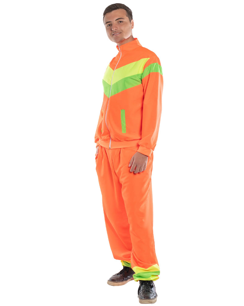 Vintage 80s Neon Orange Shell Suit - Retro Men's Jogging Tracksuit Costume for Halloween, Cosplay, and 80s Themed Parties