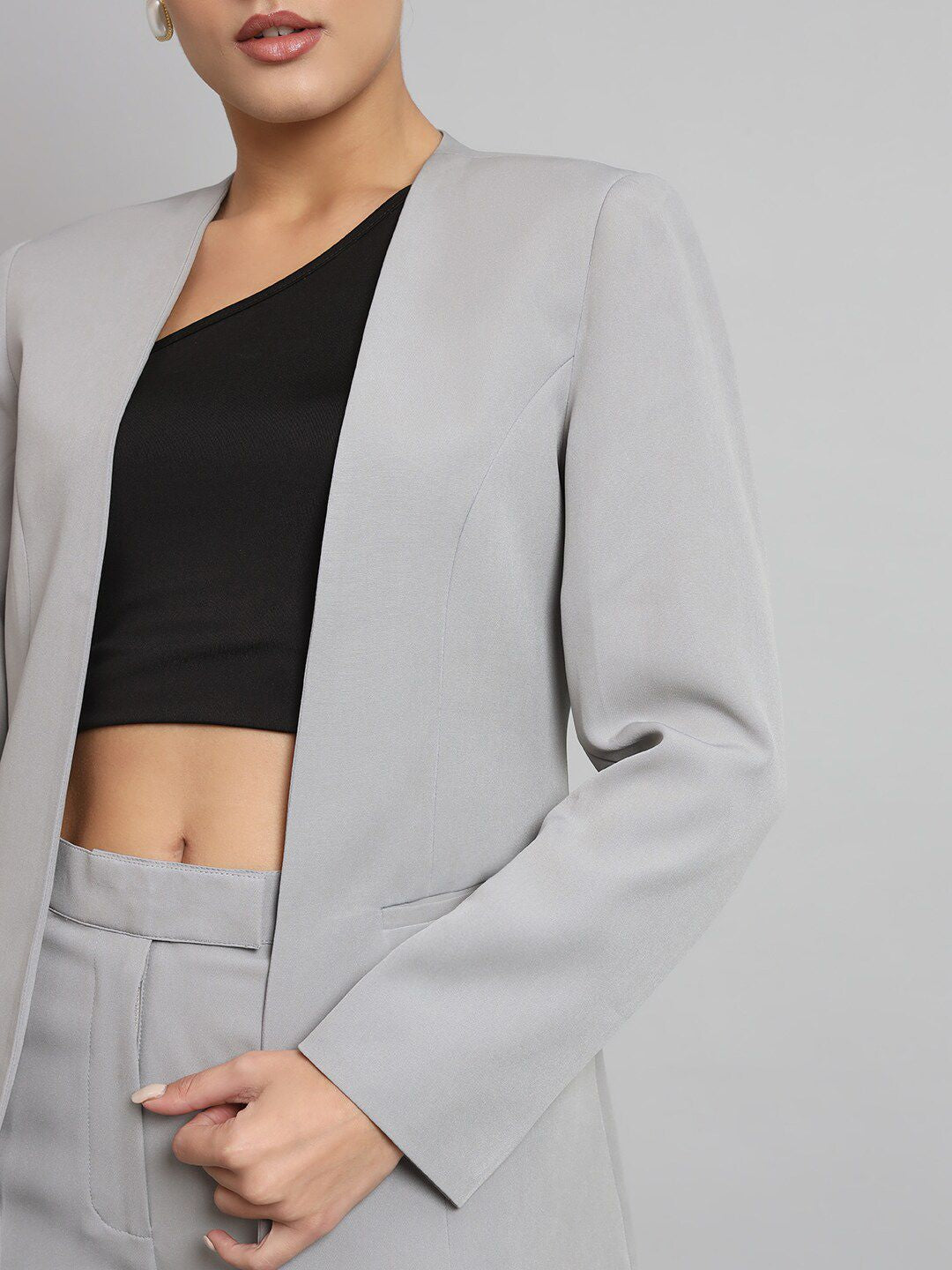 Stylish Grey Lapel-less Stretch Pant Suit for Women | Comfortable Office Wear & Business Attire | Perfect for Work, Meetings & Professional Events