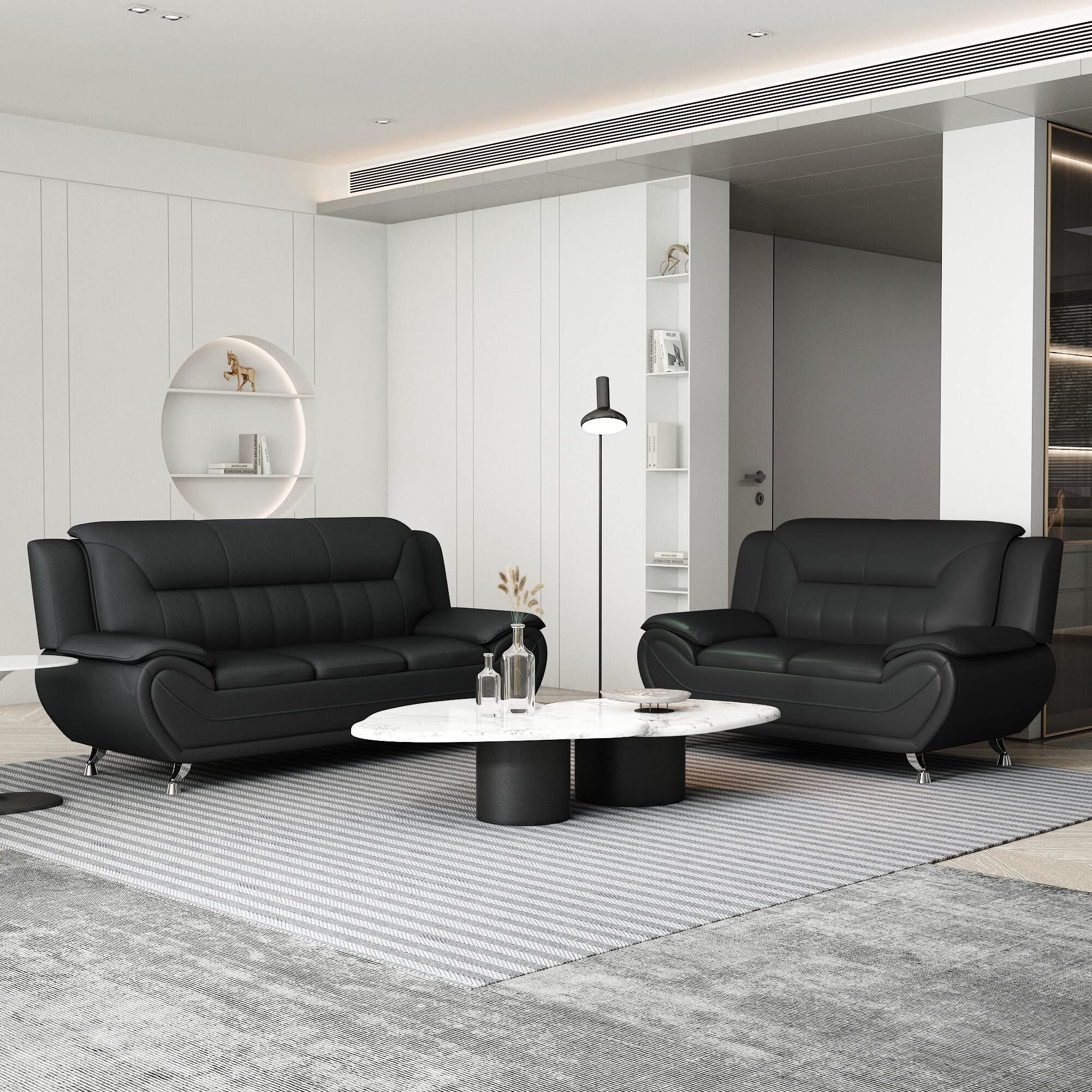 Michael Modern Faux Leather Loveseat with Stainless Steel Legs - Midnight Black | Comfortable Small Sofa for Living Room, Apartment & Office Waiting Area
