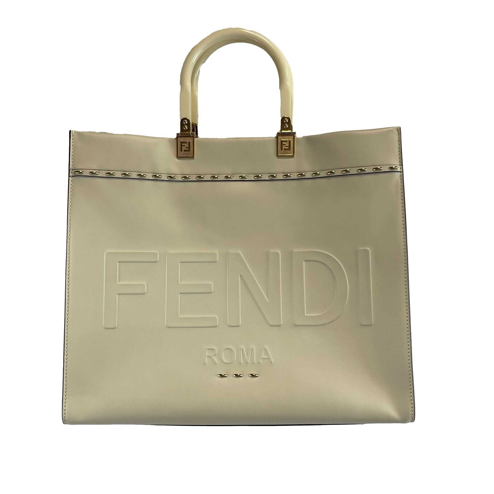 FENDI Plexiglass Handle Sunshine Medium Cream Shopper Tote Bag with Adjustable Shoulder Strap | Luxury Designer Handbag for Women | Perfect for Work, Travel & Everyday Use