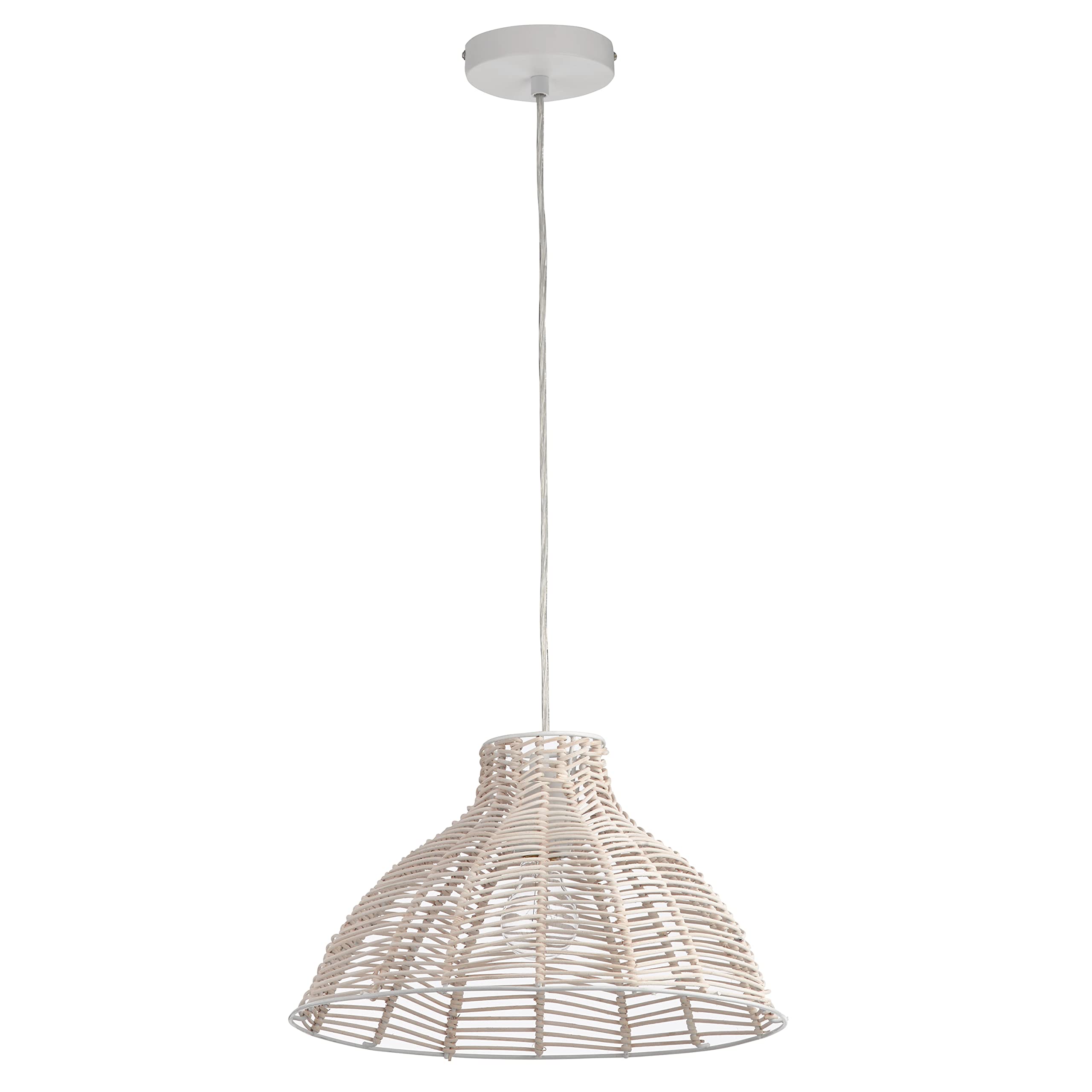 15 Inch White Rattan Pendant Light with 1-Light - Modern Boho Ceiling Fixture for Dining Room, Kitchen Island or Bedroom Lighting