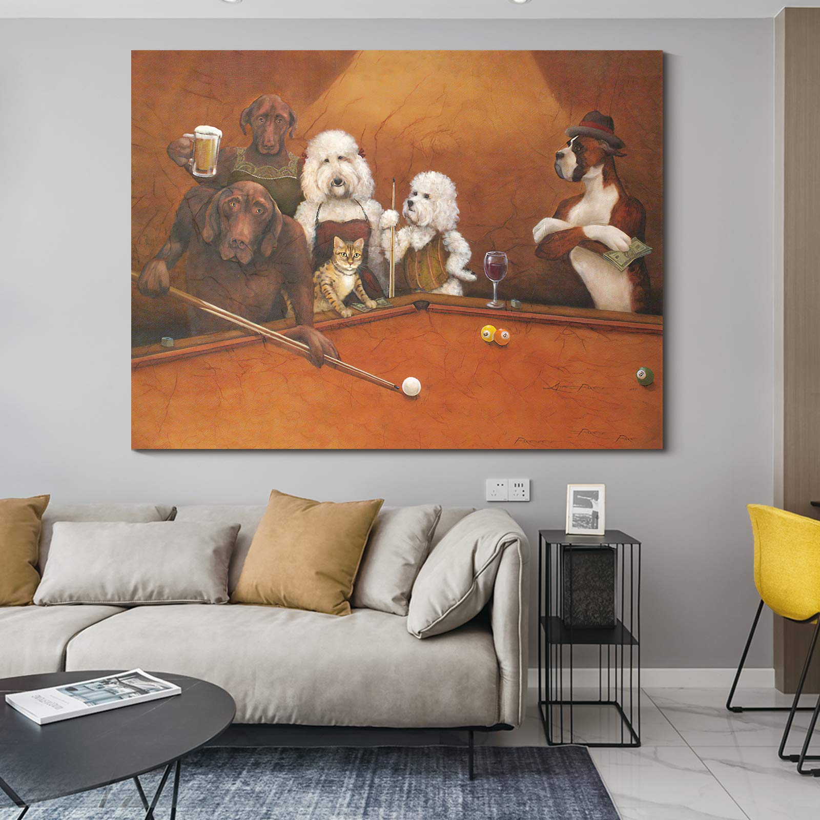 Denozer Dogs Playing Pool Oil Painting Reproduction - Cassius Marcellus Coolidge Billiards Art Giclee Canvas Print, 40x30 Inch Ready to Hang Wall Decor for Game Room, Man Cave or Entertainment Space