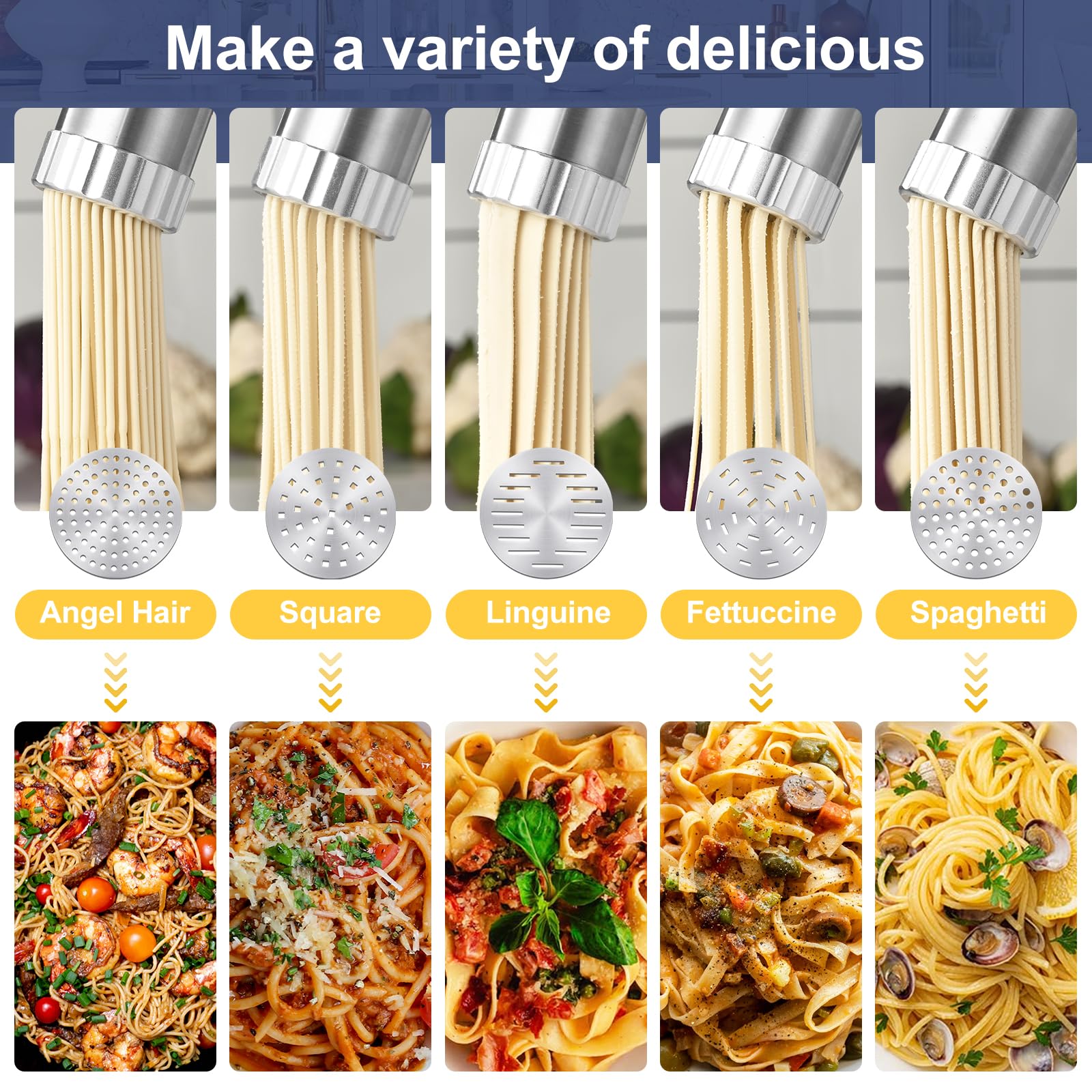 Uspring 5-in-1 Cordless Electric Pasta Maker Machine - Handheld Automatic Noodle Press with Dough Cutter for Homemade Spaghetti, Fettuccine & More - Perfect for Kitchen, Camping & Small Space Cooking (Blue)