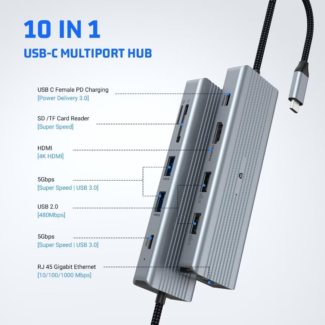 OOTDAY 10-in-1 USB C Hub with USB 3.0 - Ultra Slim Multi-Port Adapter for MacBook Pro/Air, iMac, Surface Pro, PS4 & Laptops - Perfect for Home Office, Gaming & Travel Connectivity