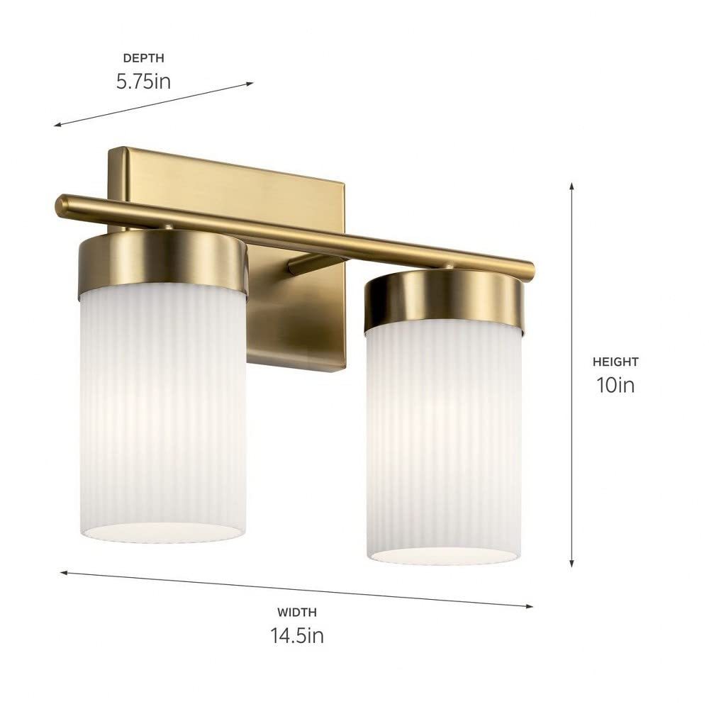 Kichler Ciona 14.5 Inch 2-Light Bathroom Vanity Light Fixture with Round Ribbed Glass Shades in Polished Nickel Finish - Perfect for Modern Bathroom, Powder Room, and Dressing Room Lighting