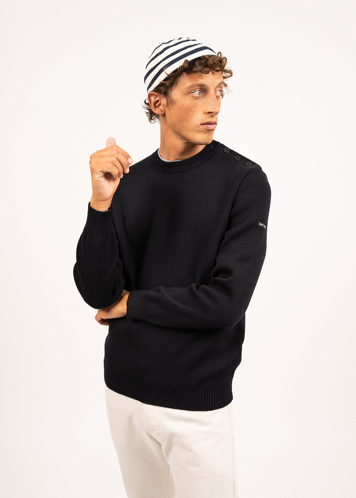 CANCALE Wool Fisherman Sweater with Button Shoulder | Loose Fit Crewneck Pullover | Navy Blue | Warm & Cozy Knitwear for Men & Women | Perfect for Fall, Winter & Outdoor Activities