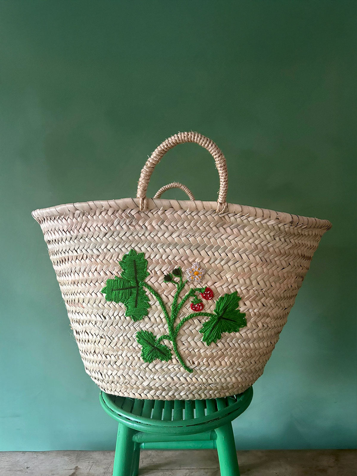 Hand Embroidered Market Basket with Wild Strawberry Design - Eco-Friendly Cotton Tote for Grocery Shopping, Farmers Market & Picnic Essentials