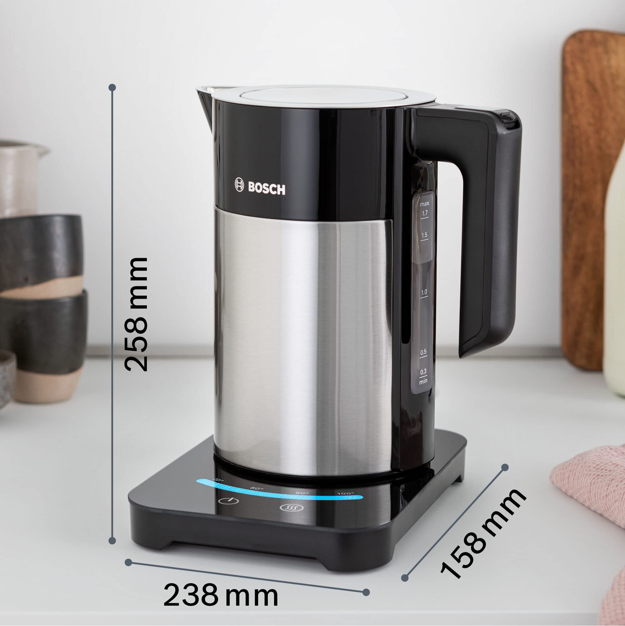 Bosch TWK7203 Electric Kettle - 2200W Fast Boiling, 7 Cups Capacity, Black/Stainless Steel with Touch Display - Perfect for Home, Office & Tea/Coffee Lovers