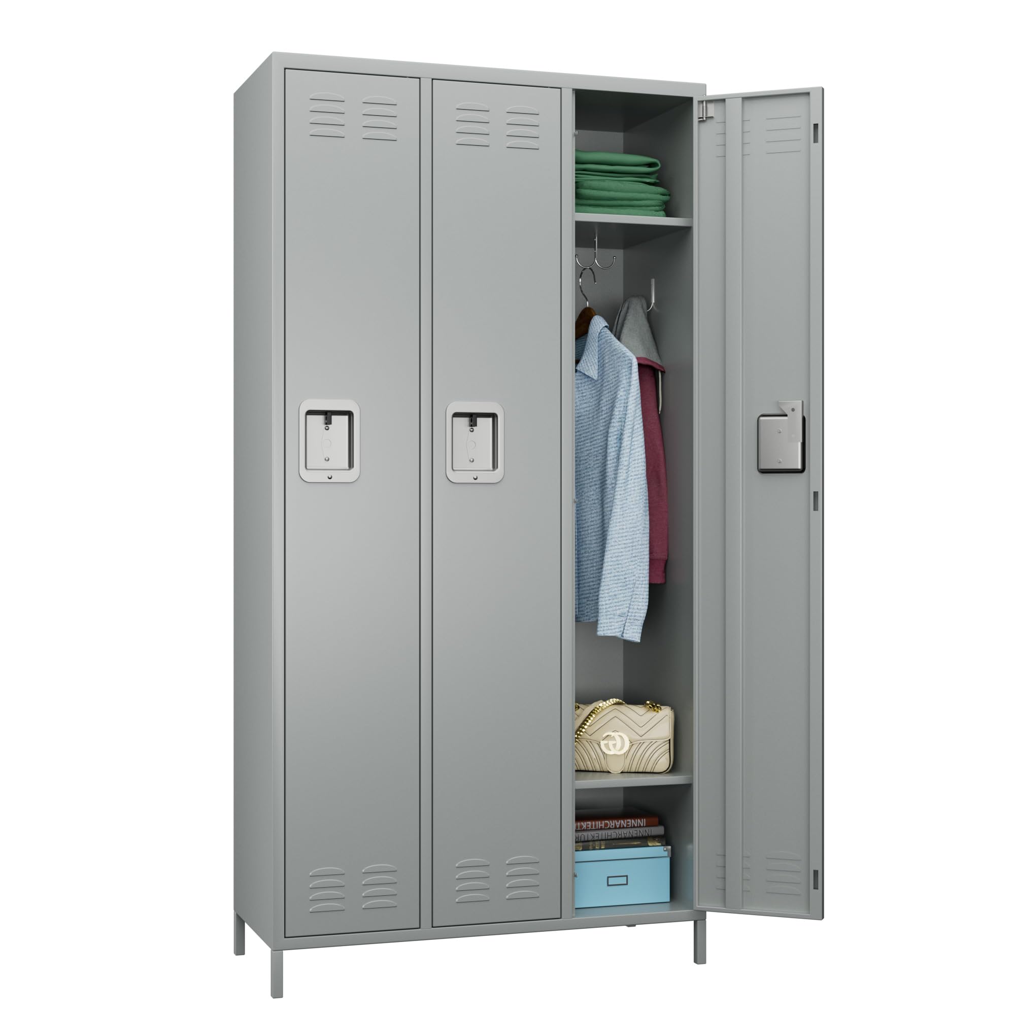 3-Door Metal Storage Locker with Hooks - Light Gray Employee Locker for School, Hospital, Gym, Home Office & Garage - Easy Assembly | Perfect for Employee Storage, Sports Equipment & Organization