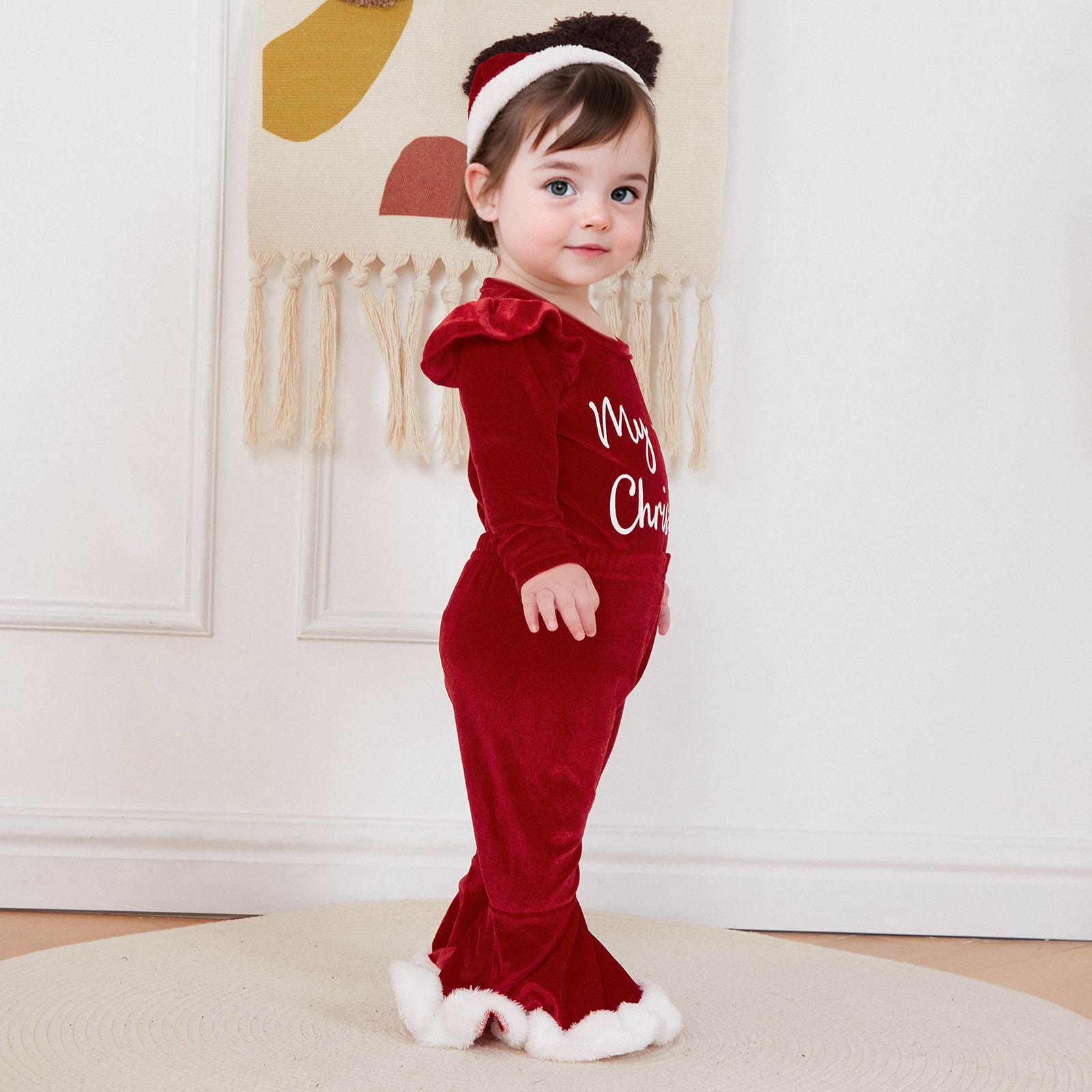 Adorable Toddler Baby Girl Christmas Outfits - Letter Print Ruffle Long Sleeve Romper & Flare Pants Set | Newborn Fall Winter Holiday Clothes for Parties & Family Photos