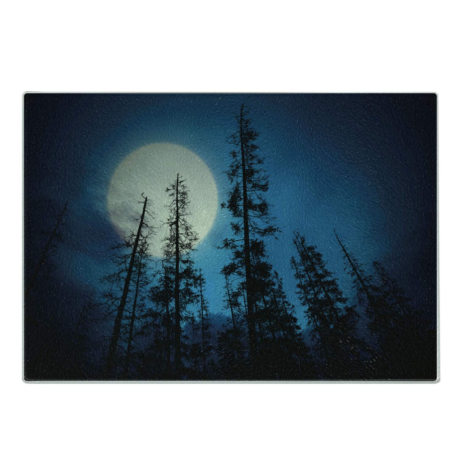 Ambesonne Dark Blue Tempered Glass Cutting Board - Spooky Mysterious Forest with Tall Trees & Full Moon Design - Decorative Serving Board for Kitchen, Dining & Halloween Party Decor - Small Size (Blue Black White)