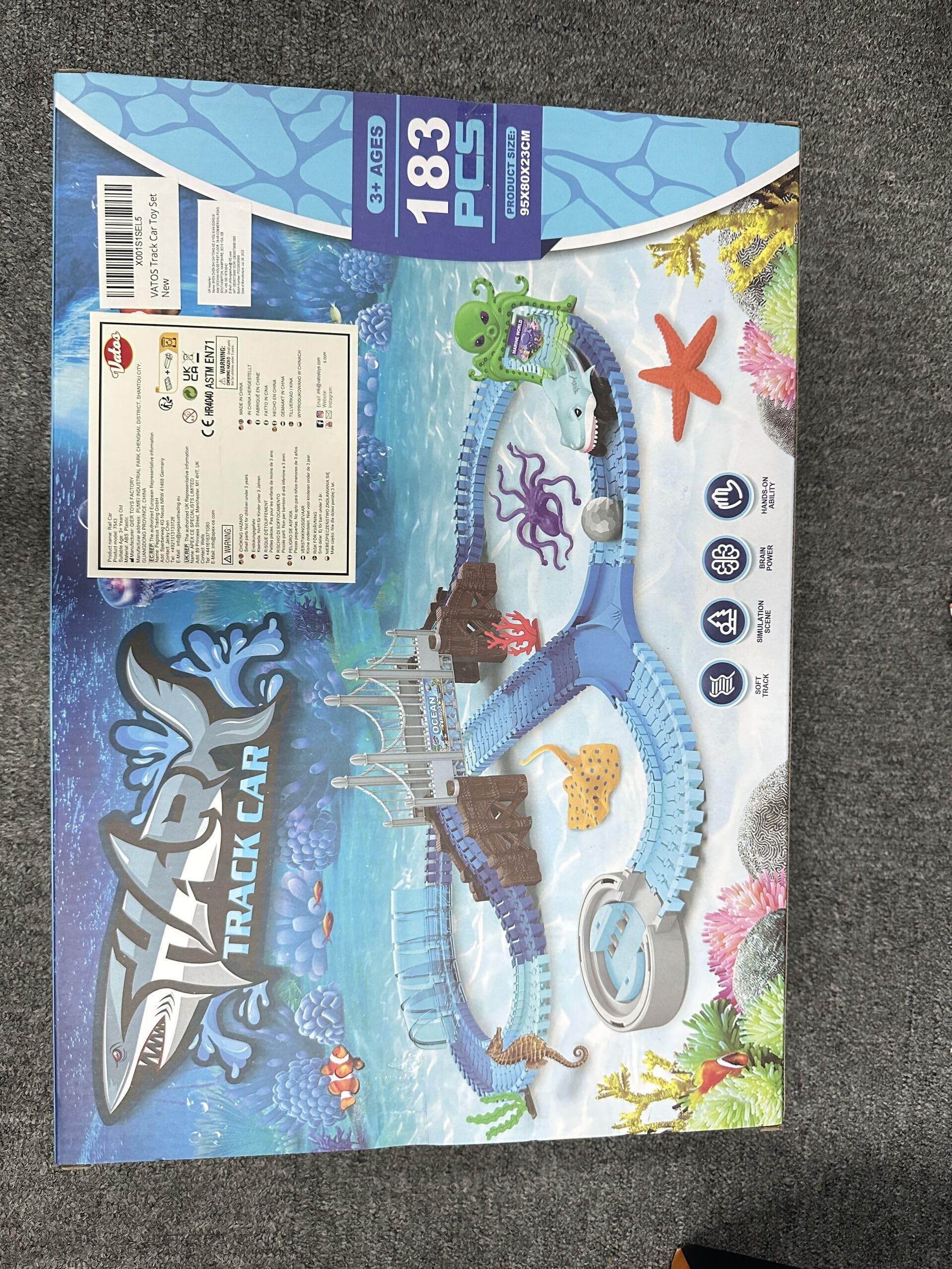 VATOS 183-Piece Shark Race Car Track Set - Flexible Bendable Racetrack with Shark & Ball Toys - STEM Educational Ocean Theme Playset for Boys & Girls Ages 3-9 - Perfect Birthday Gift for Kids Who Love Racing & Marine Adventures