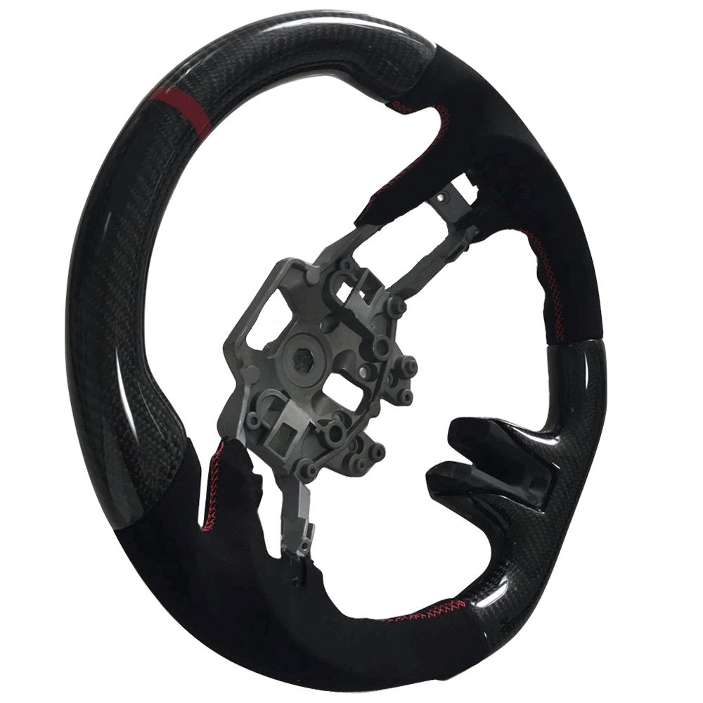 IKON MOTORSPORTS V3 Style Carbon Fiber Steering Wheel with Red Synthetic Suede Ring - Compatible with 2015-2017 Ford Mustang | Perfect for Racing, Drifting & Performance Driving