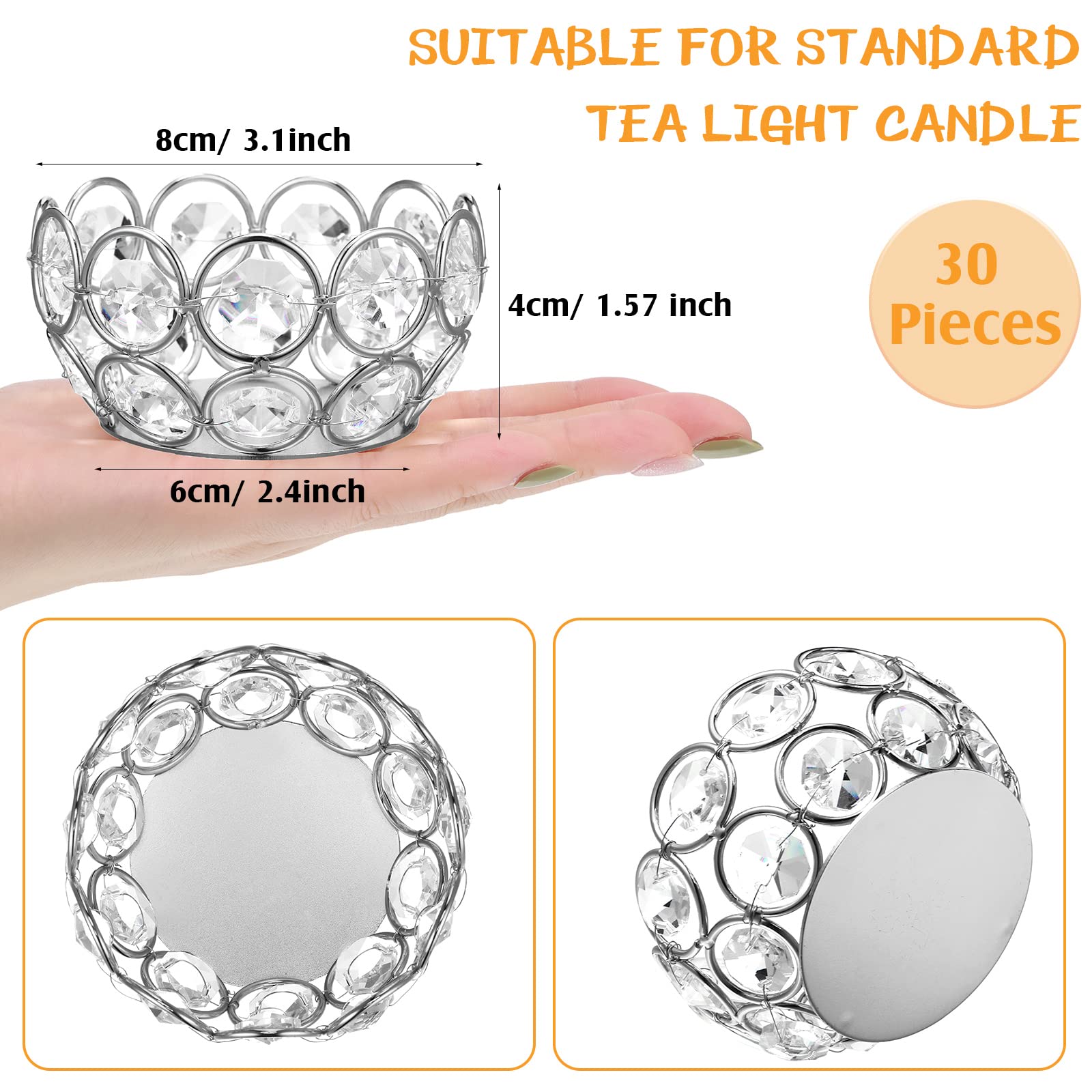 30 Pcs Silver Crystal Tea Light Candle Holders - Elegant Votive Candle Stands, Jewel Bowl Tealight Holders for Wedding, Party, Home Table Decor - Perfect for Romantic Dinners, Spa Nights & Holiday Centerpieces
