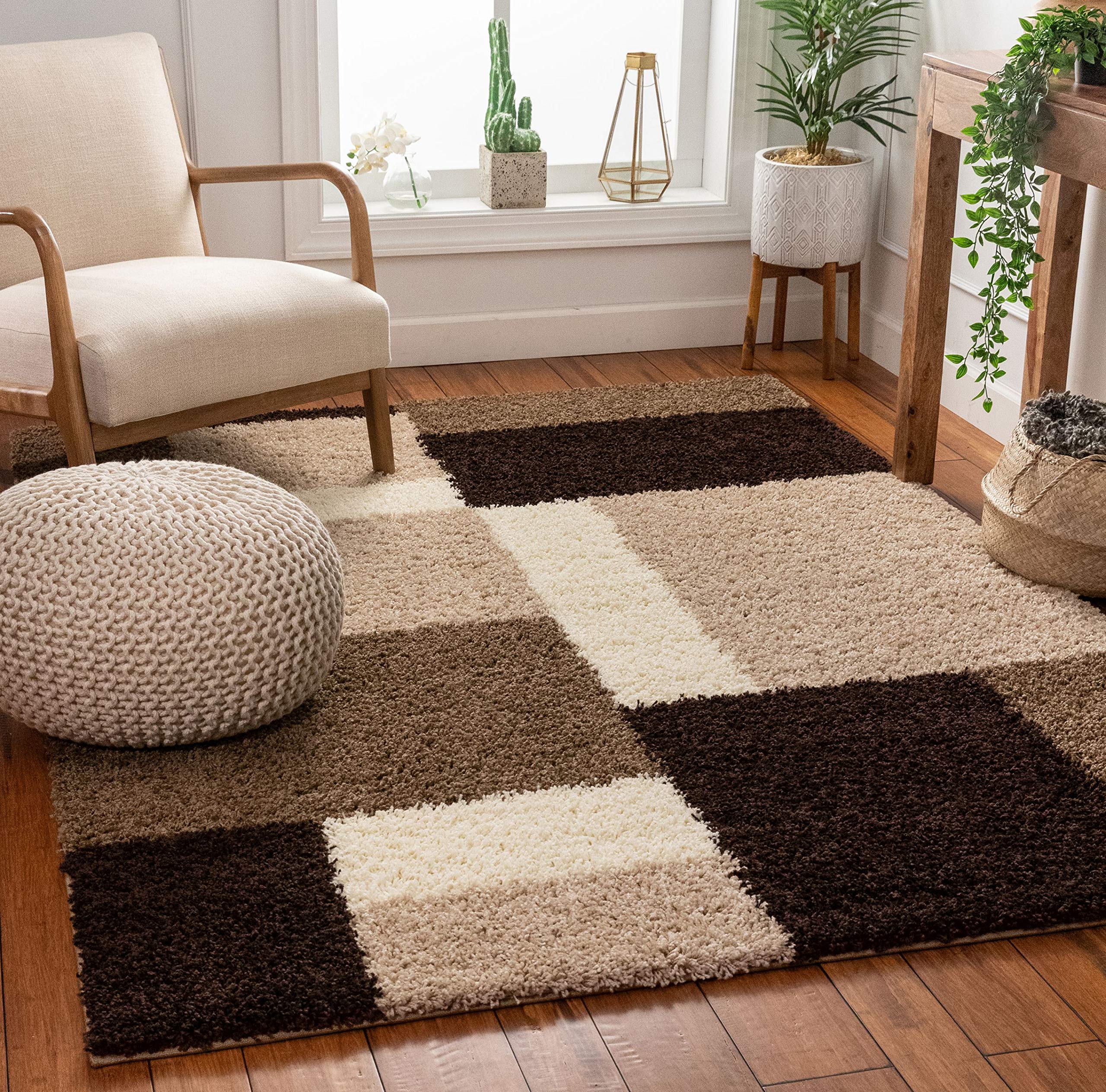 Well Woven Madison Shag Cubes Beige/Brown Modern Area Rug 5' X 7'2'' - Soft Plush Living Room Carpet for Bedroom, Nursery & Home Decor