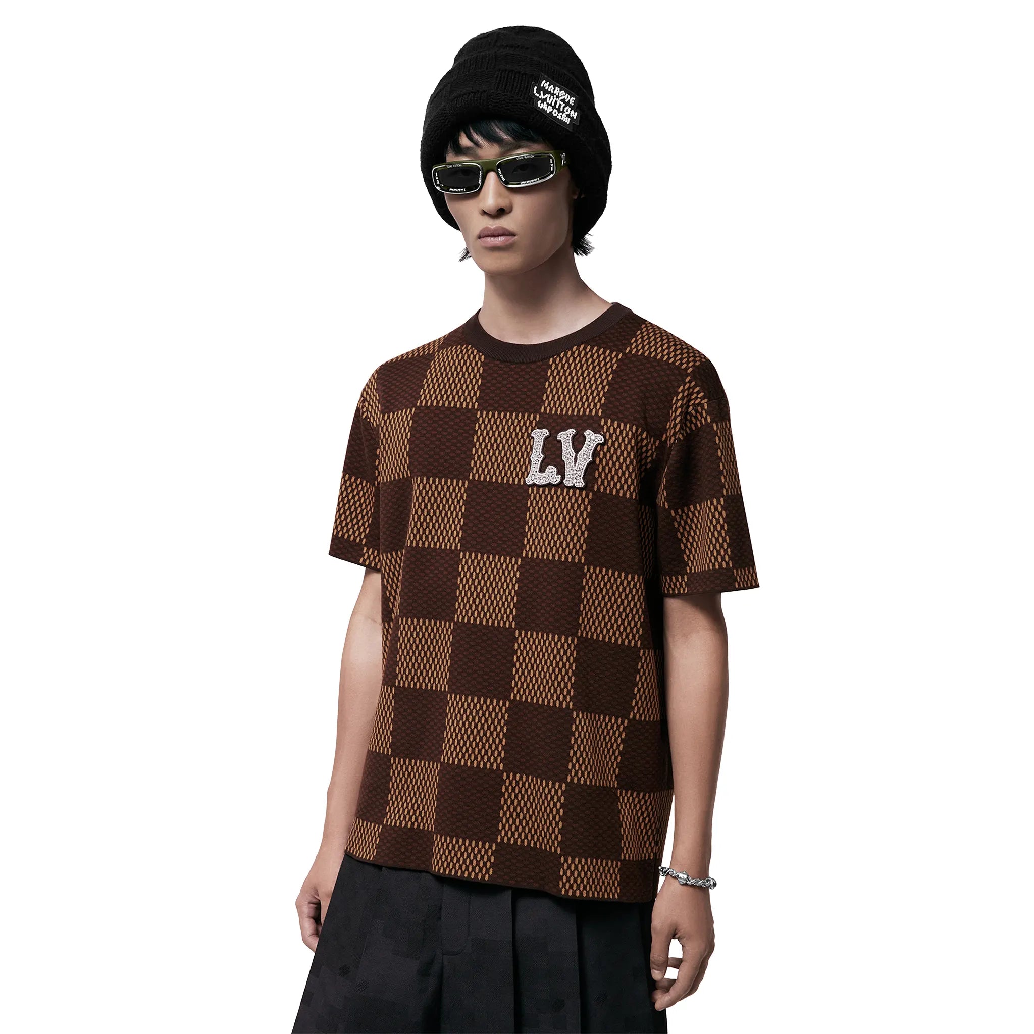 Louis Vuitton Damier LV Crystal Patch Brown T-Shirt for Men - Stylish Luxury Graphic Tee for Casual Wear & Street Fashion