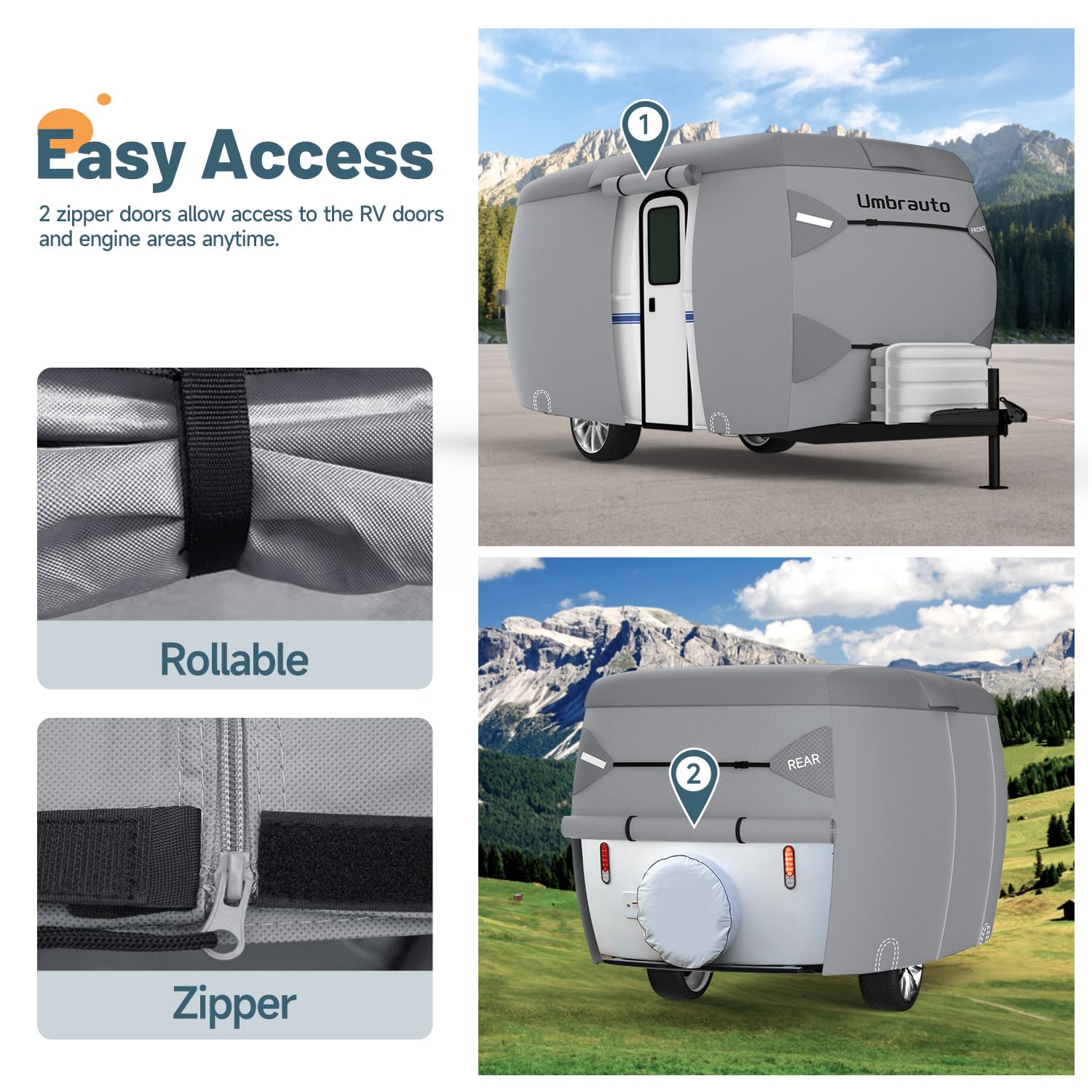 2023 Upgraded 7-Layer Fiberglass Travel Trailer Cover for 8'-10' Trailers - Windproof Strap & Adhesive Repair Patches Included | Perfect for RV, Camper, and Outdoor Travel Protection