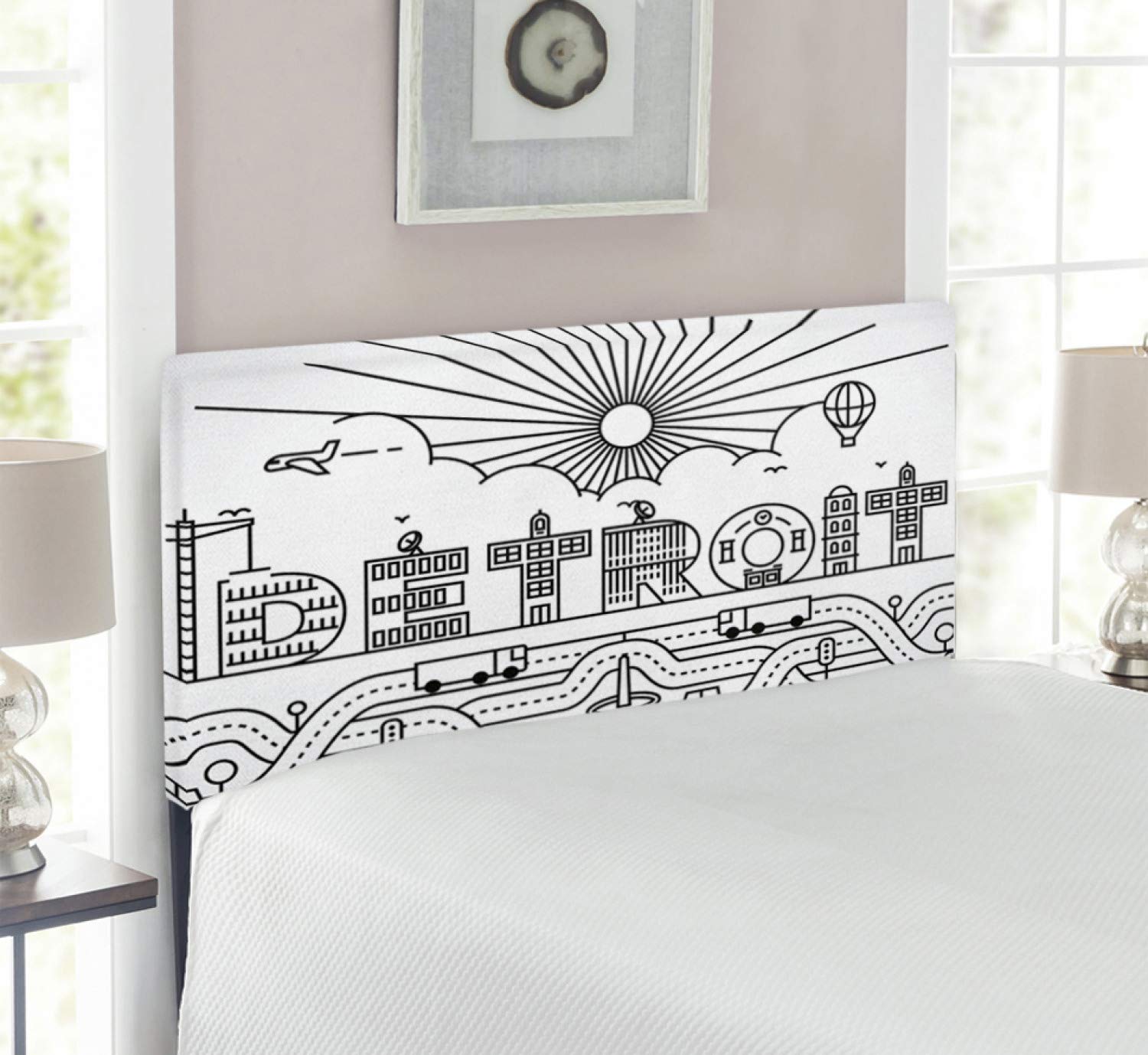 Ambesonne Detroit Upholstered Headboard - Twin Size, Black & White City Typography Design with Buildings, Transportation & Air Balloon - Memory Foam Decorative Metal Bed Headboard for Urban Bedroom Decor | Perfect for Small Spaces & Guest Rooms