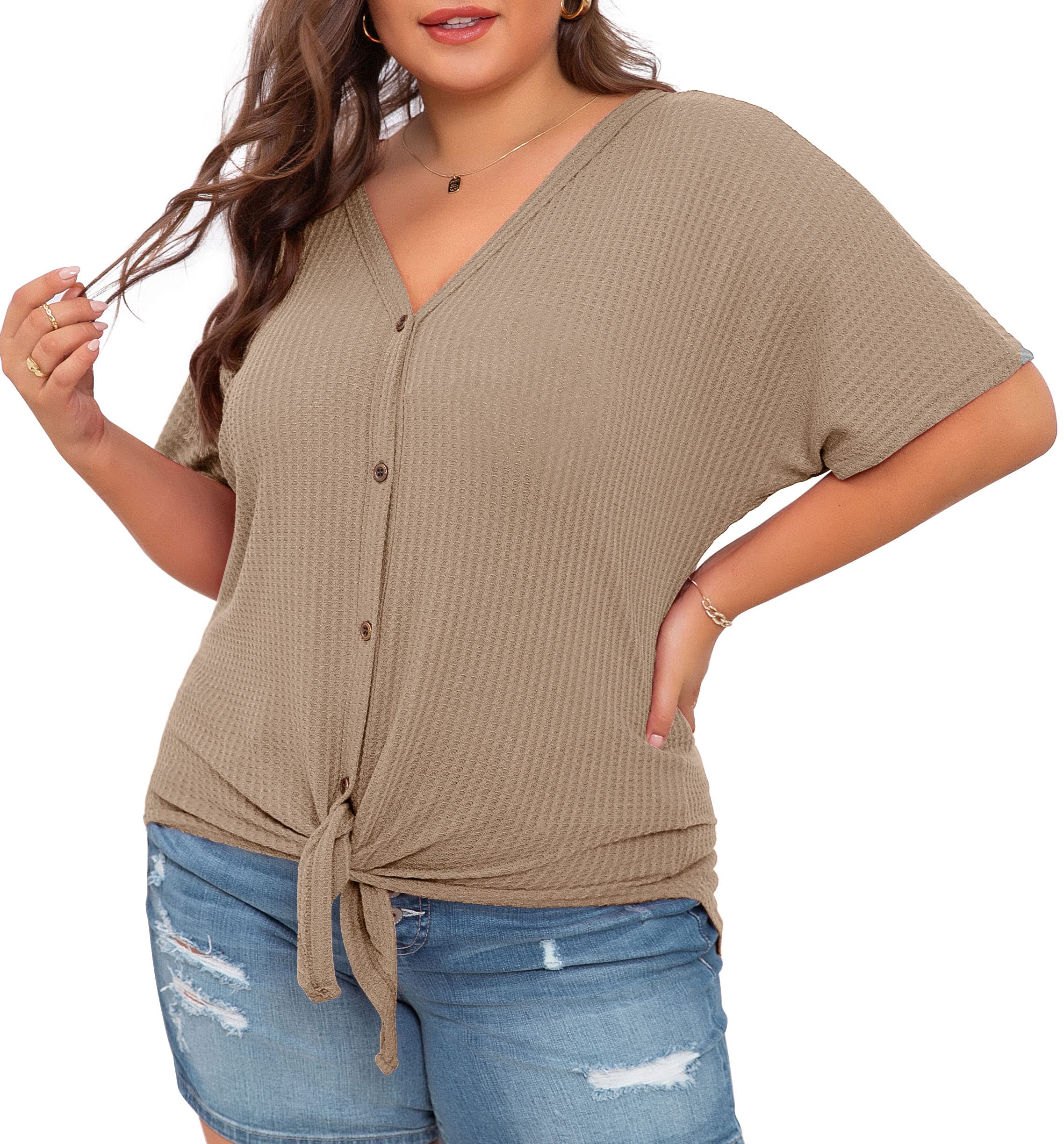 OLRIK Women's Plus Size Short Sleeve V-Neck Waffle Knit Tunic Blouse - Tie Front Button Up T-Shirt for Casual Wear, Office Outfits & Spring Layering