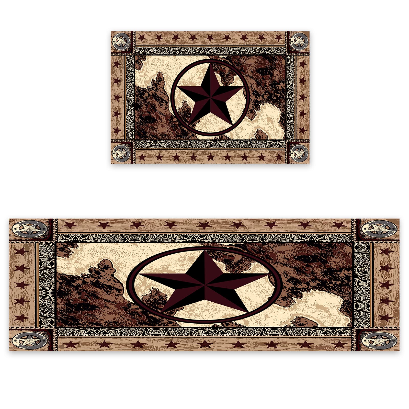 Western Texas Star Kitchen Rugs Set - 2 Piece Non-Slip Washable Floor Mats with Rustic Wood Panel Design, Vintage Style Runner Carpet for Kitchen, Entryway & Dining Area - Perfect for Farmhouse, Country & Southwestern Home Decor