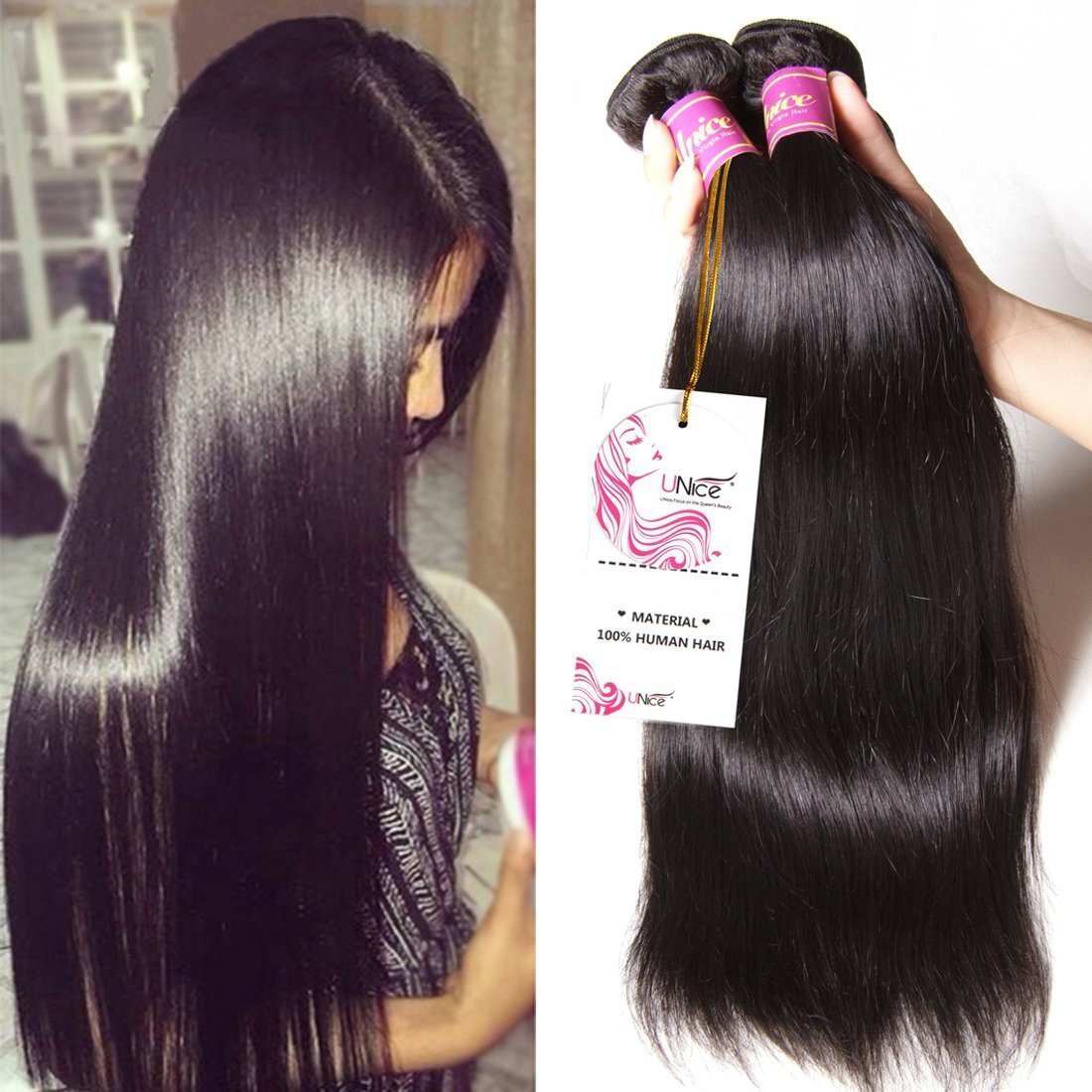 UNICE 10A Malaysian Straight Virgin Human Hair Wextensions - 3 Bundles Unprocessed Weave (14/16/18 Inch) for Natural Look & Styling | Perfect for Daily Wear, Parties & Special Occasions