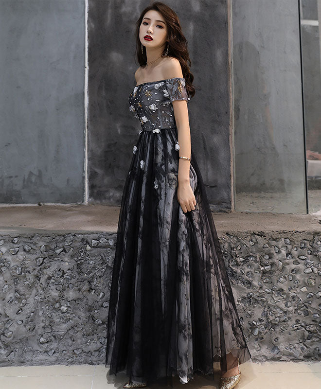 Elegant Black Tulle Lace Long Prom Dress with Flowy Skirt - Formal Evening Gown for Homecoming, Ball, Wedding & Special Occasions