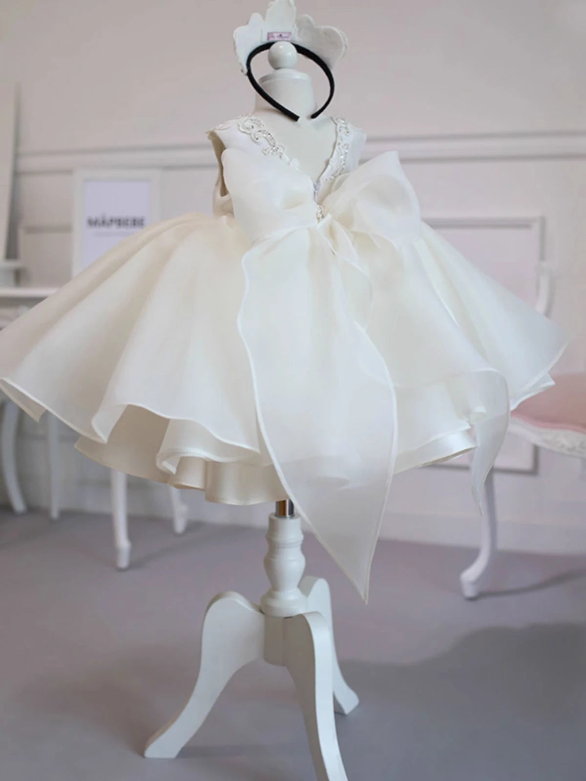 Ivory Princess Round Tea Length Satin Flower Girl Dress - Perfect for Weddings, Birthday Parties & Special Occasions