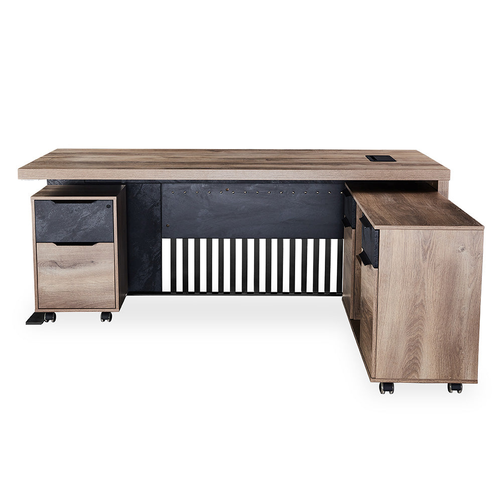 AFTAN BLACK HAWK Limited Edition Executive Desk with Pedestal & Right Mobile Return - 180cm Warm Oak & Black Finish - Perfect for Home Office & Professional Workspaces