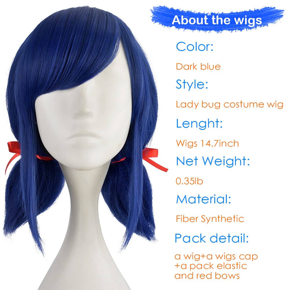 Dark Blue Curly Short Cosplay Wig for Girls with Red Bow & Wig Cap - Perfect for Halloween Costumes, Anime Conventions & Themed Parties