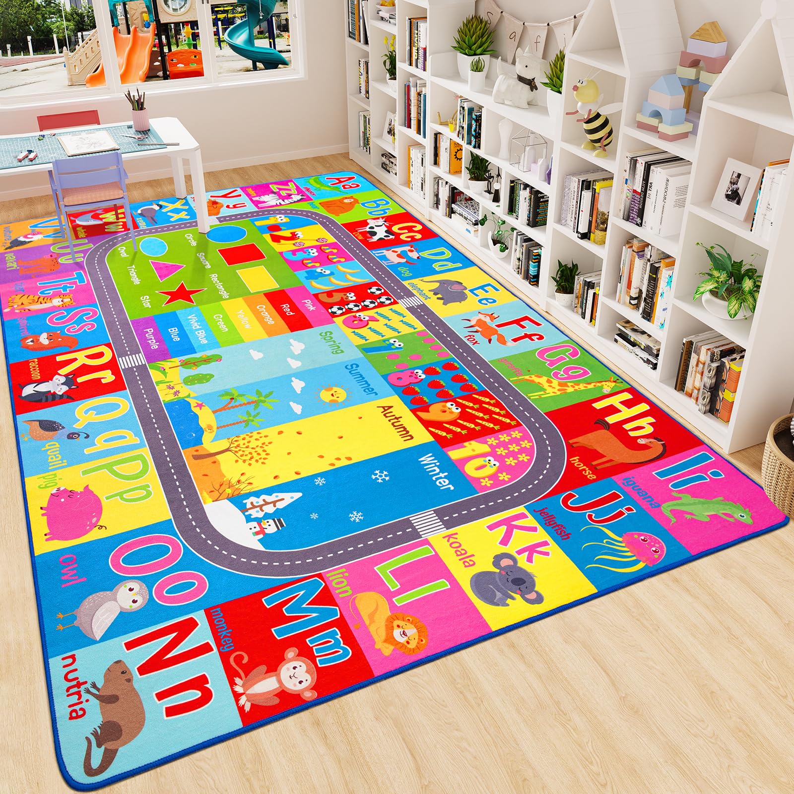 Premium HOMORE Kids Educational Rug 7x10 ft - Alphabet, Numbers, Colors, Seasons & Animals Learning Playmat for Classroom, Playroom & Homeschooling - Non-Slip Children's Activity Carpet for Early Education