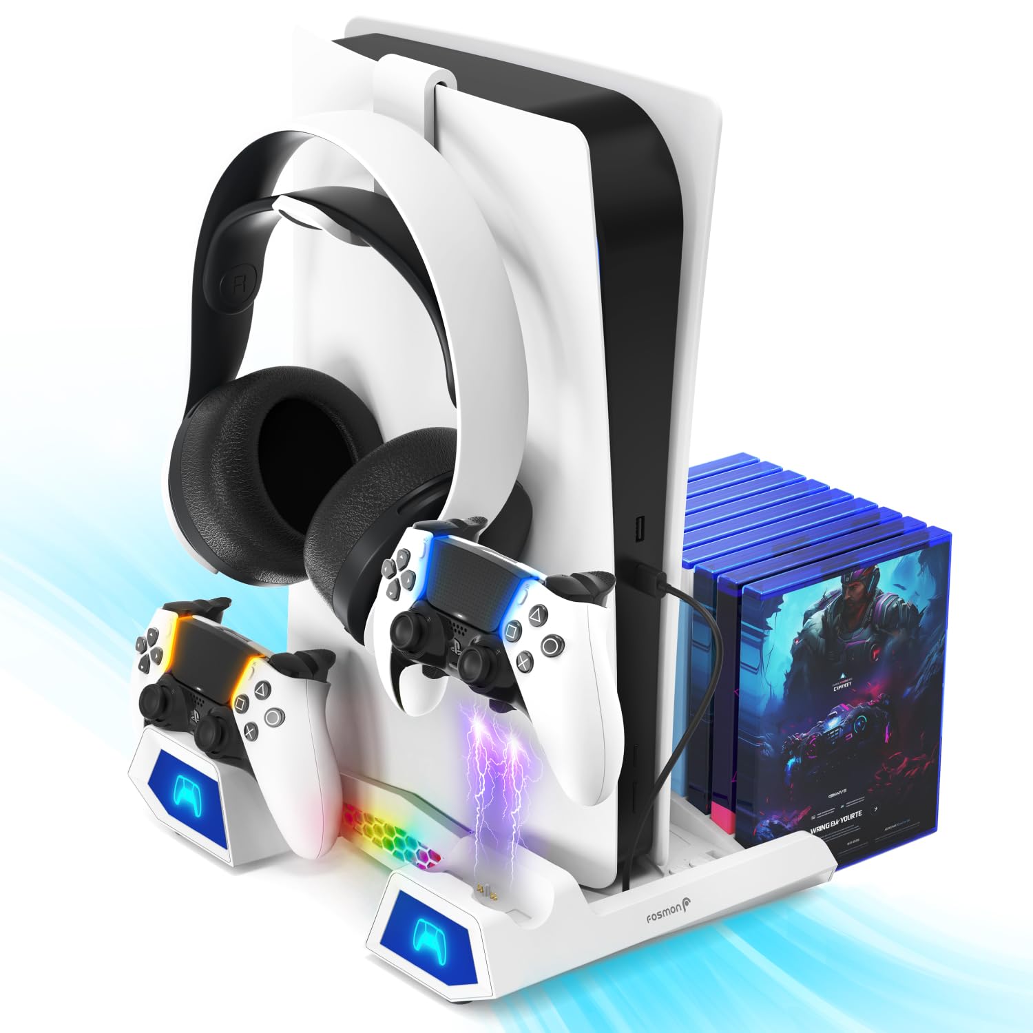PS5 Slim Cooling Station with Dual Controller Charger - 10 Game Disc Storage Slots & Accessory Hook - Perfect for Gaming Setup & Console Protection