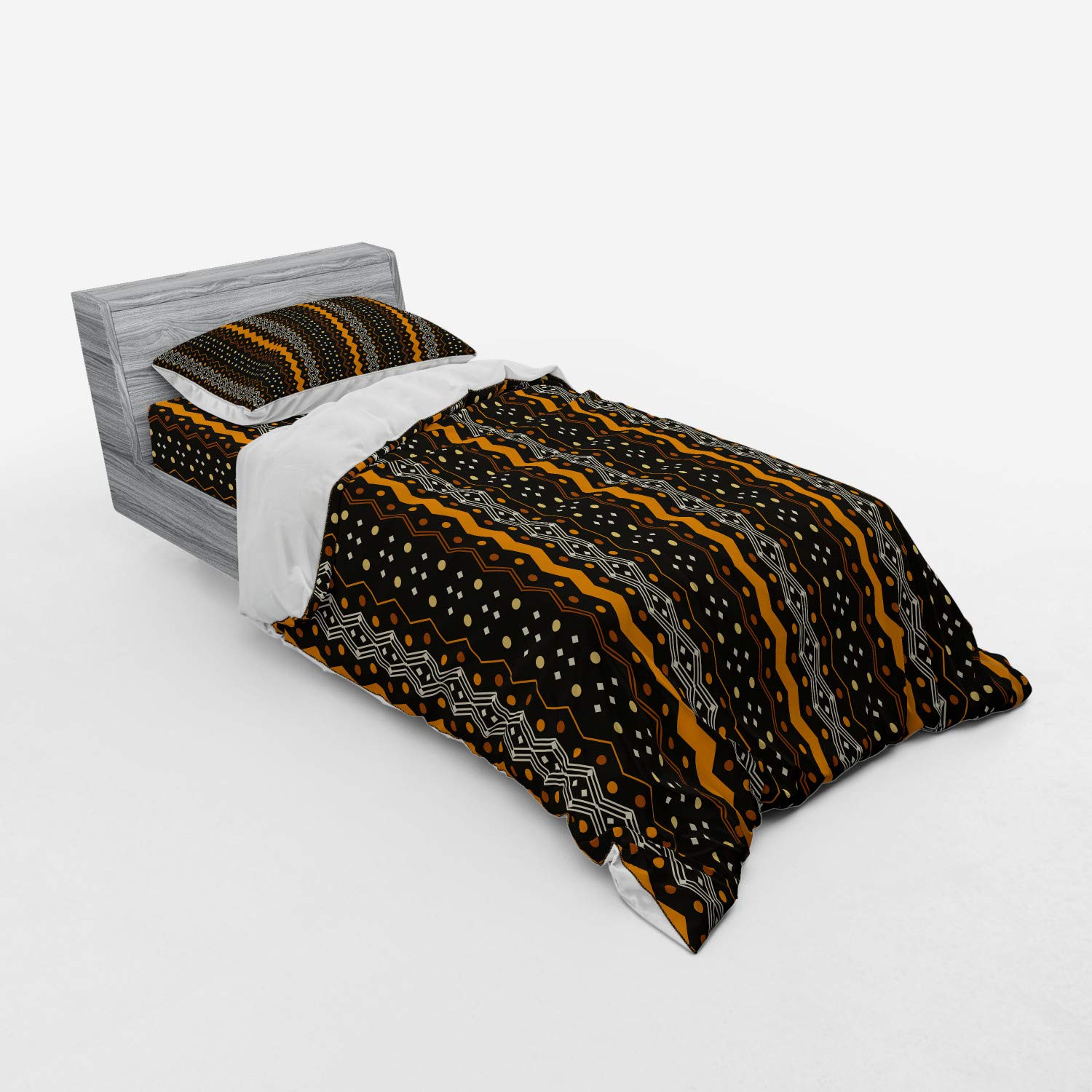 Ambesonne Abstract Duvet Cover Set - Folk Art Zig Zag Pattern 3-Piece Bedding with Pillow Sham & Fitted Sheet, Twin Size in Marigold & Black - Perfect for Modern Bedrooms, Guest Rooms & Dorm Decor