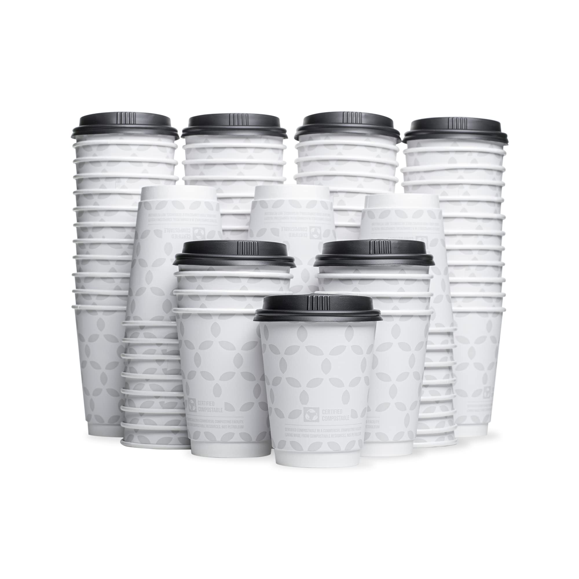 100 Sets - 12 oz Compostable Coffee Cups with Lids | Double Wall Disposable Hot Cups | Eco-Friendly, Leak Proof & Durable | Made from Plant-Based Materials | Perfect for Coffee Shops, Offices & Outdoor Events