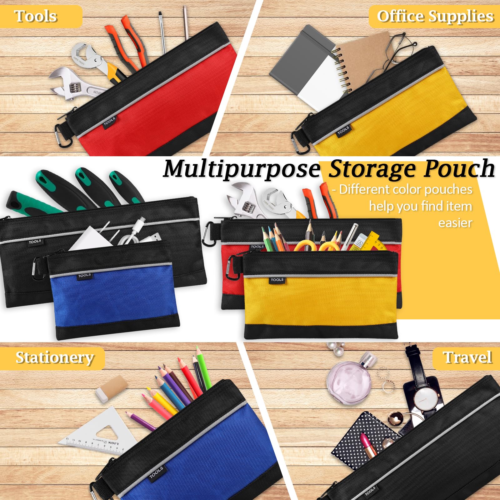 4 Pack Waterproof 1680D Oxford Tool Pouch with Zipper & Carabiner - Multi-Purpose Storage Organizer for Tools, Travel Accessories, Stationery & Gadgets - Perfect for DIY, Construction, Camping & Outdoor Activities