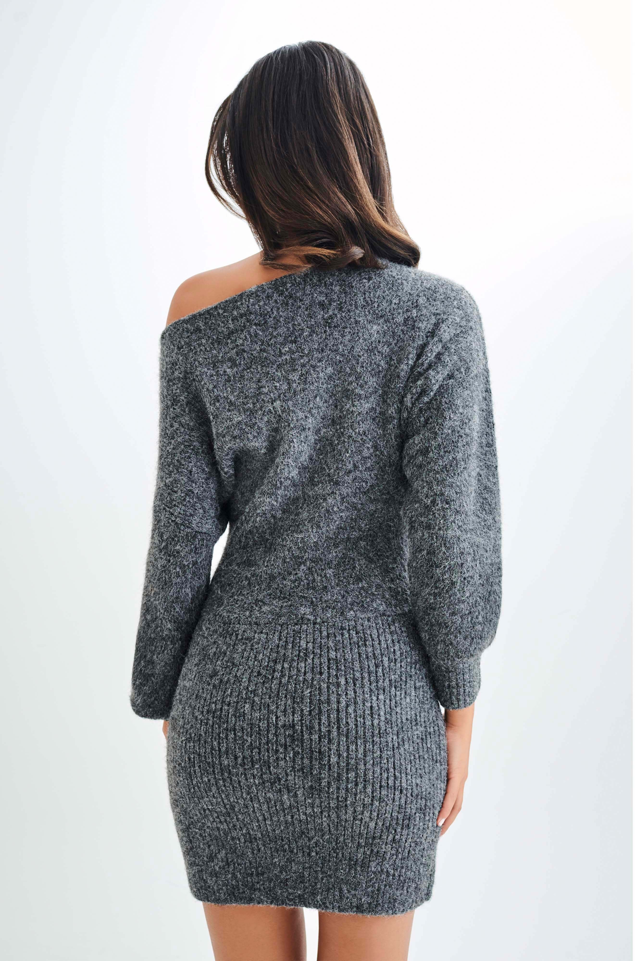 Rafferty Boat Neck Knit Mini Dress - Charcoal Marle | Women's Casual Short Sleeve Bodycon Dress for Party, Date Night & Summer Outfits