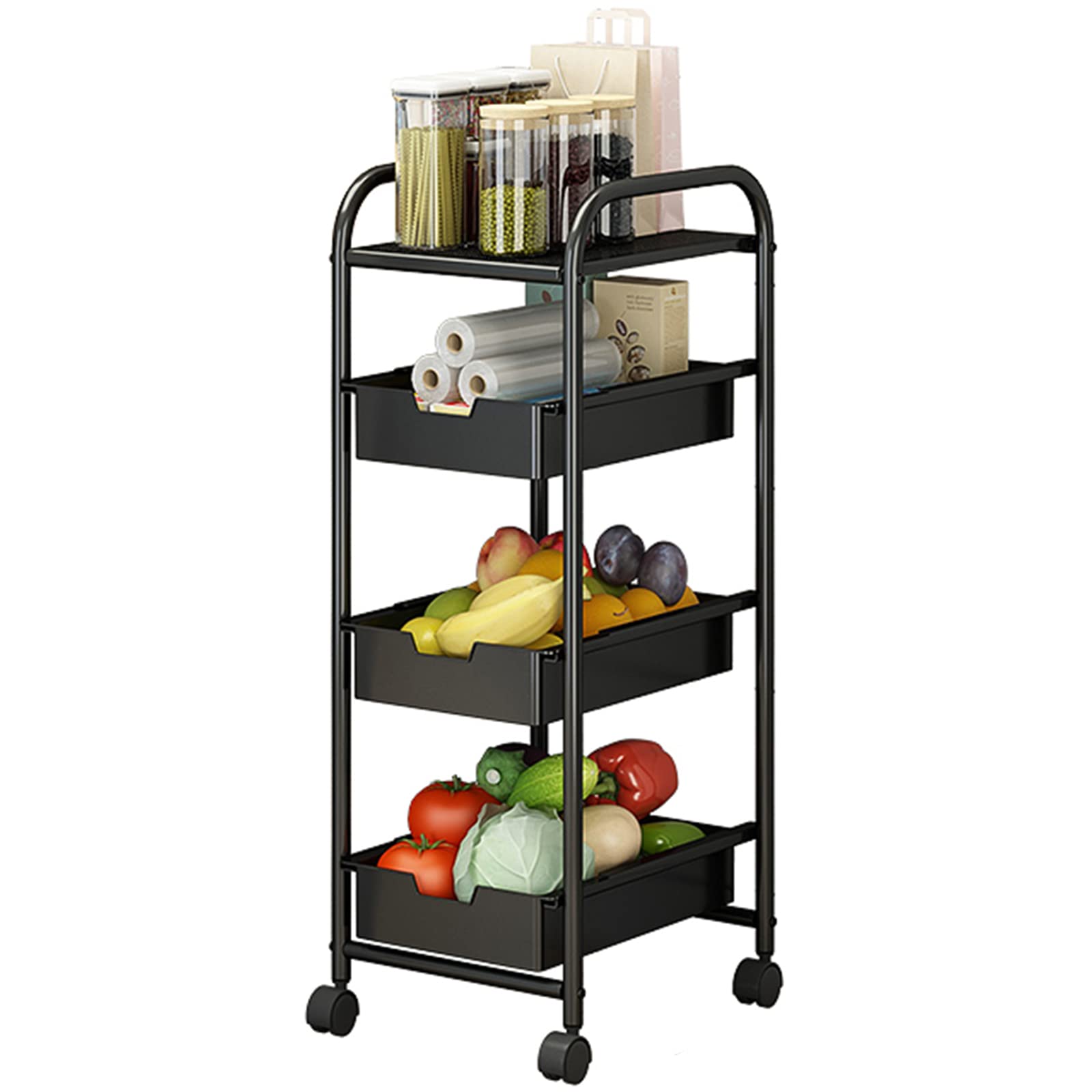 4-Tier Rolling Utility Cart with Wheels - Multifunctional Kitchen Storage Rack, Mobile Shelving Unit with Drawer for Bathroom, Laundry & Small Spaces - Perfect for Organizing Kitchen Supplies, Bath Essentials & Cleaning Tools - Black