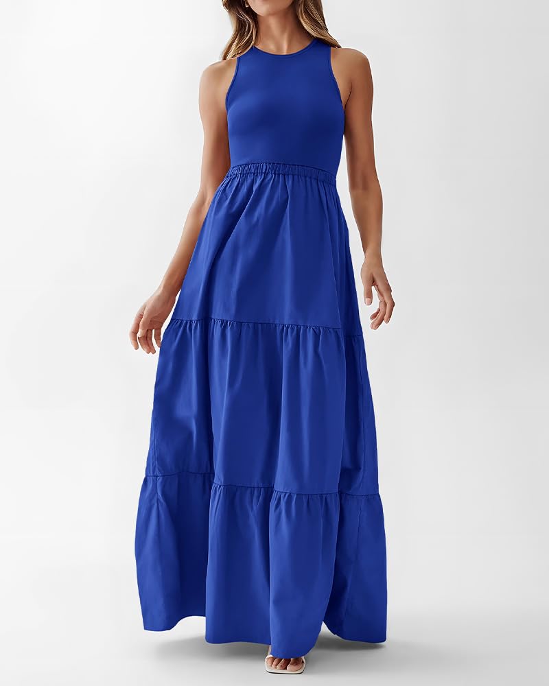 BTFBM Women's Sleeveless Summer Dress - Elegant Wedding Guest Maxi Dress with Ribbed Knit Top & Polyester Skirt with Pockets | Perfect for Beach Vacations, Garden Parties & Casual Outings