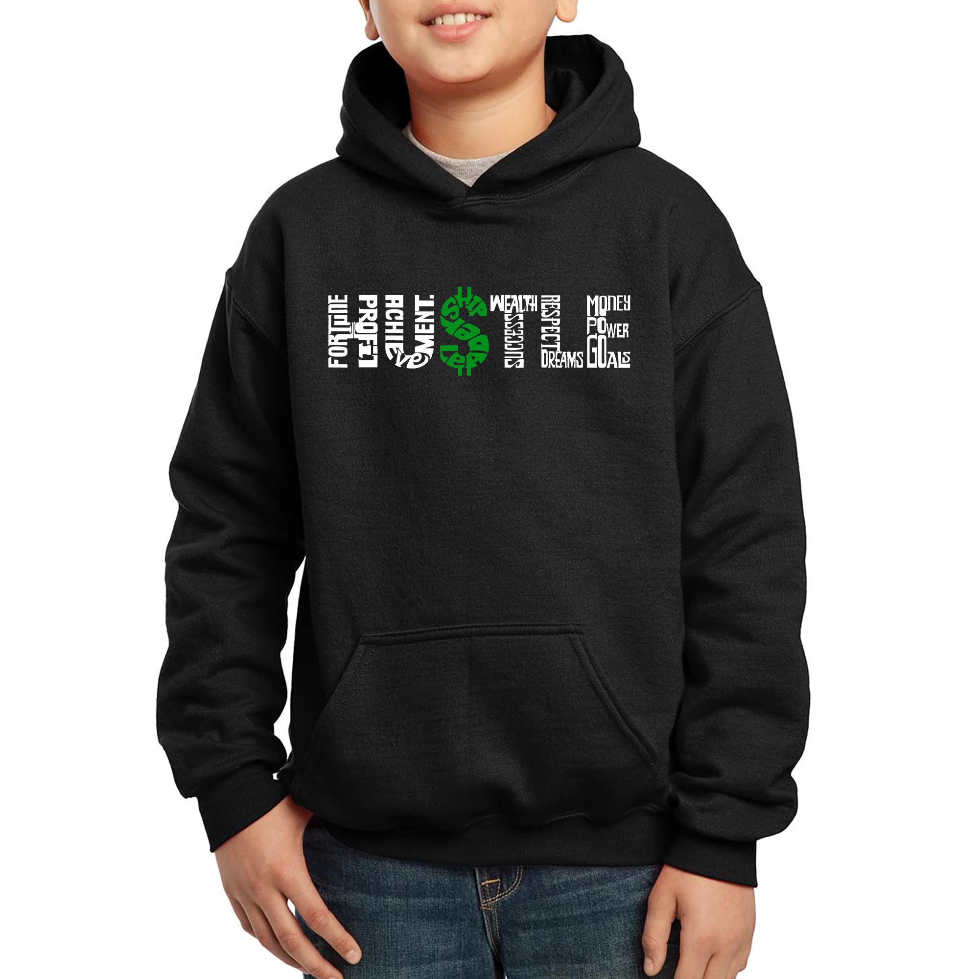 LA POP ART Boys' Word Art Hooded Sweatshirt - Motivational 'Hustle' Pullover for Teens | Trendy Streetwear for School, Gym & Casual Outfits