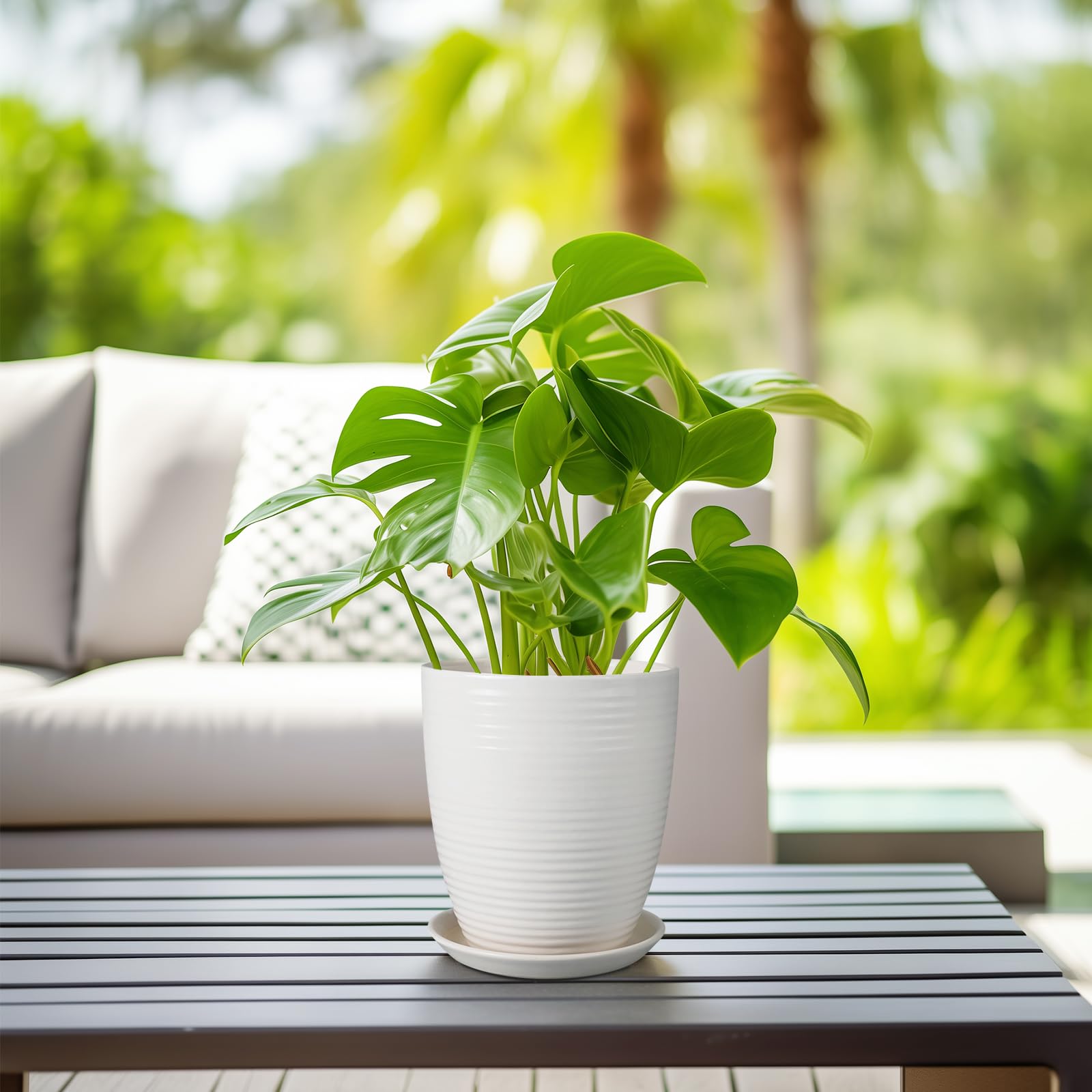 8 Inch White Ceramic Planter Pot with Drainage Hole & Saucer - Modern Round Flower Pot for Indoor & Outdoor Plants - Perfect for Home Decor, Office, Garden, and Patio