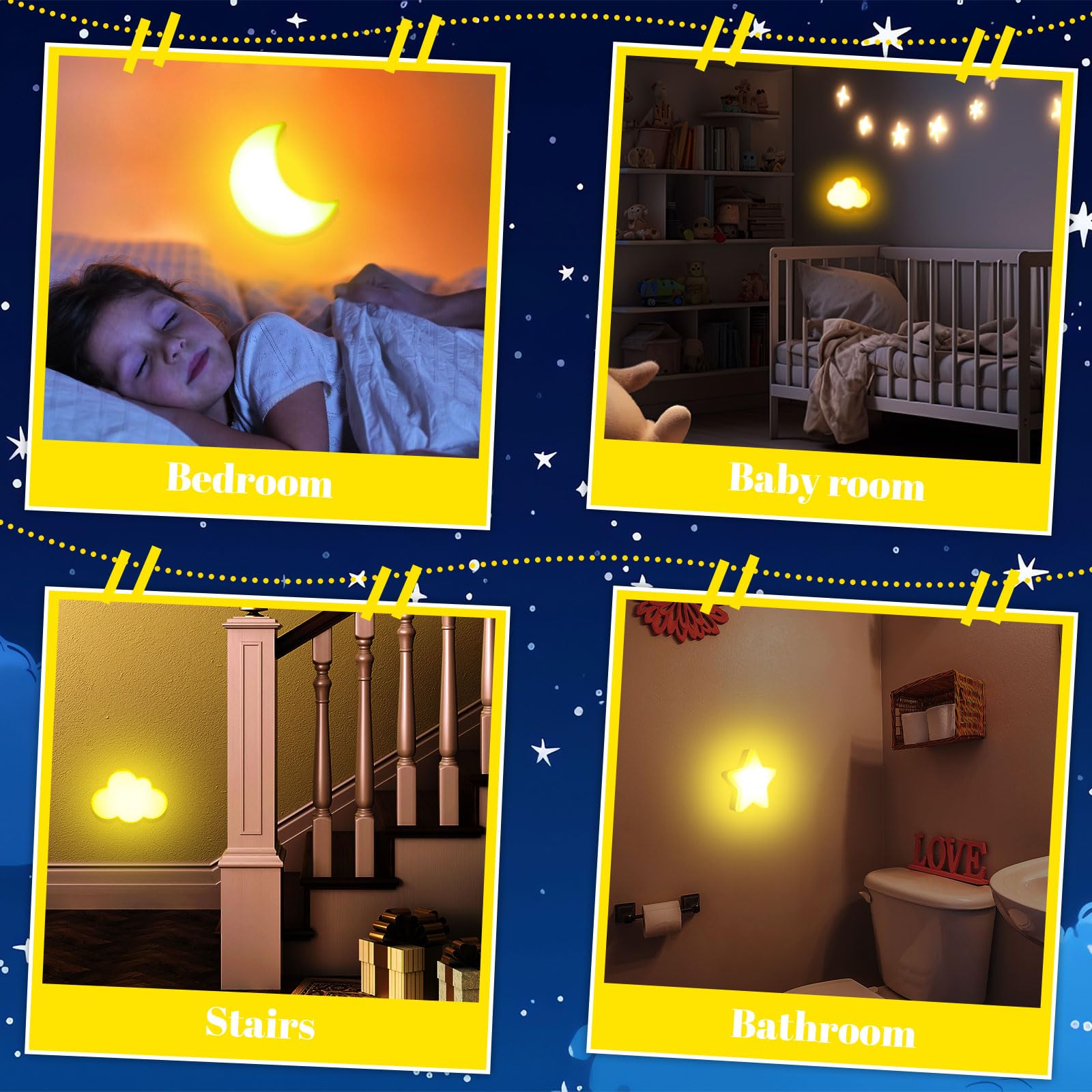 Mudder 4-Pack LED Night Lights - Star, Moon & Cloud Plug-in Wall Lights with Auto Sensor for Nursery, Baby Shower, Birthday & Wedding Decor (Yellow & White) - Perfect for Kids' Rooms, Hallways & Bedrooms